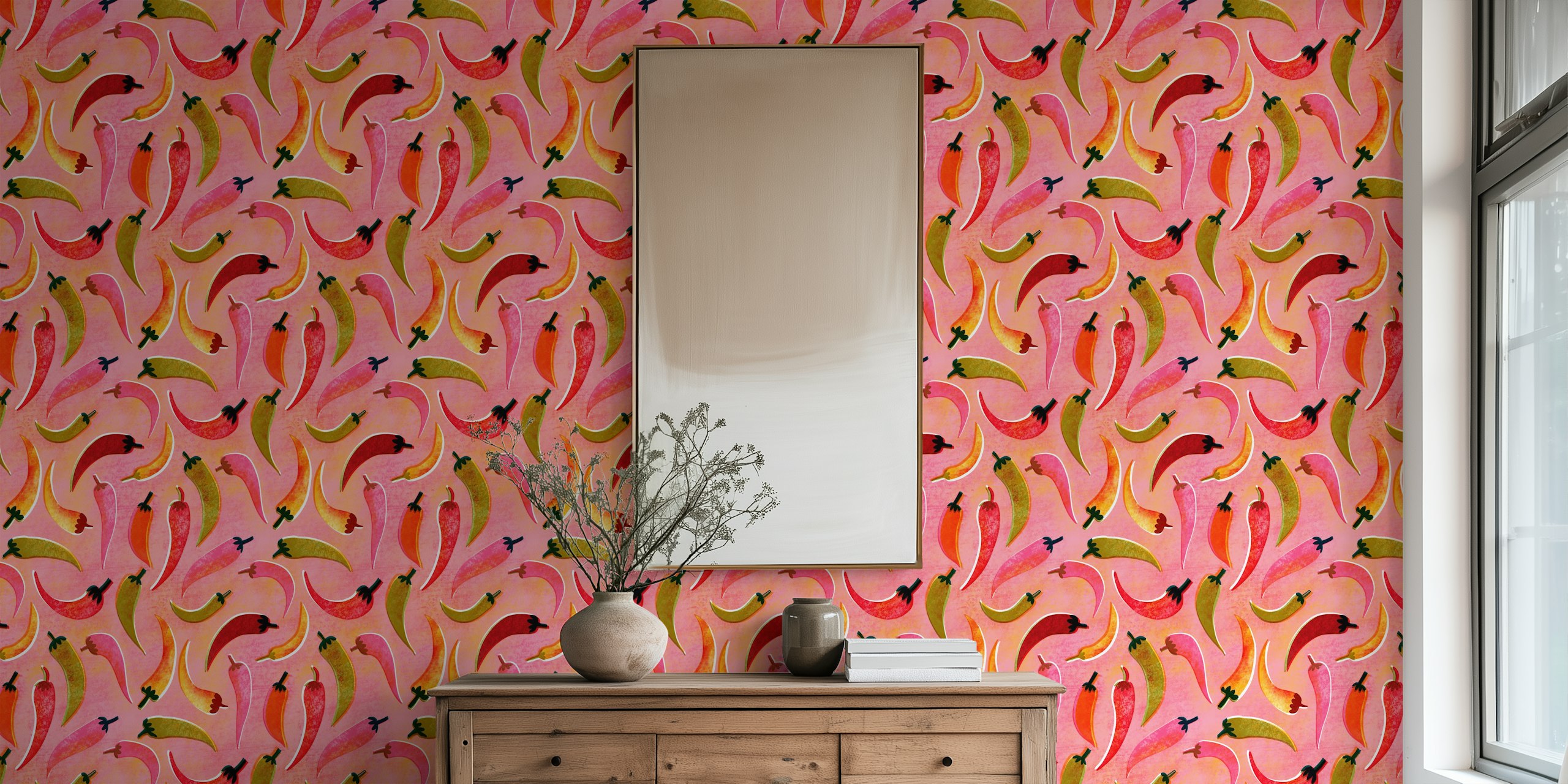 Colorful spicy chilies wallpaper design in room