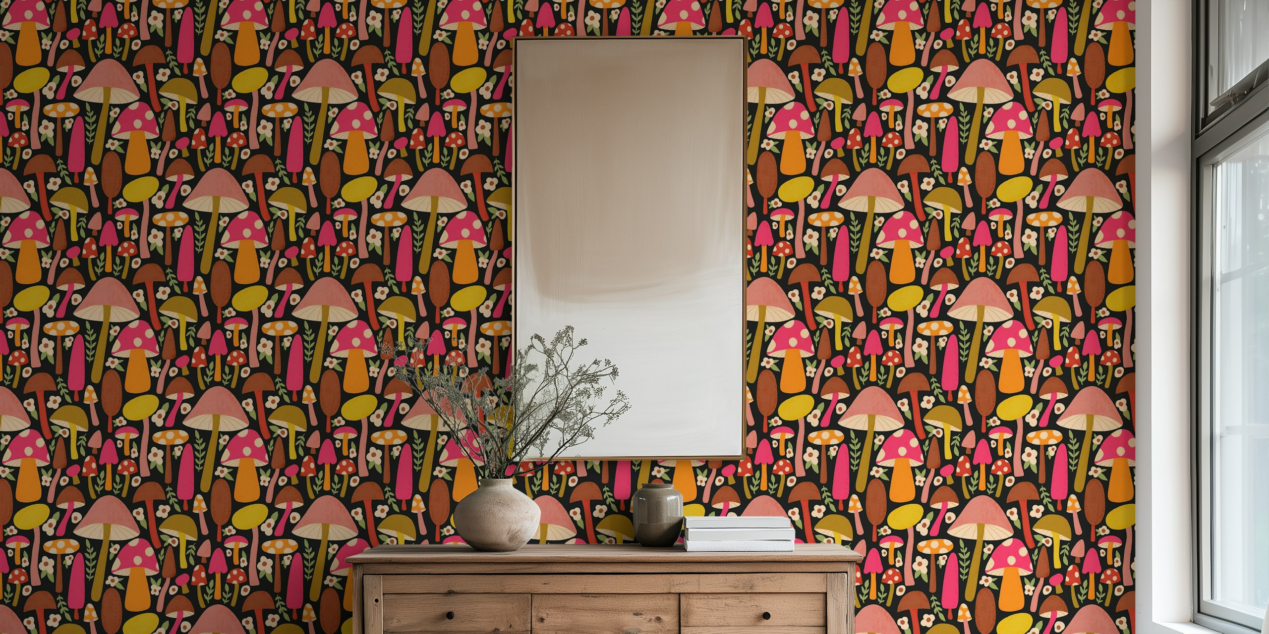 Girly Gothic Mushrooms behang in een kamer