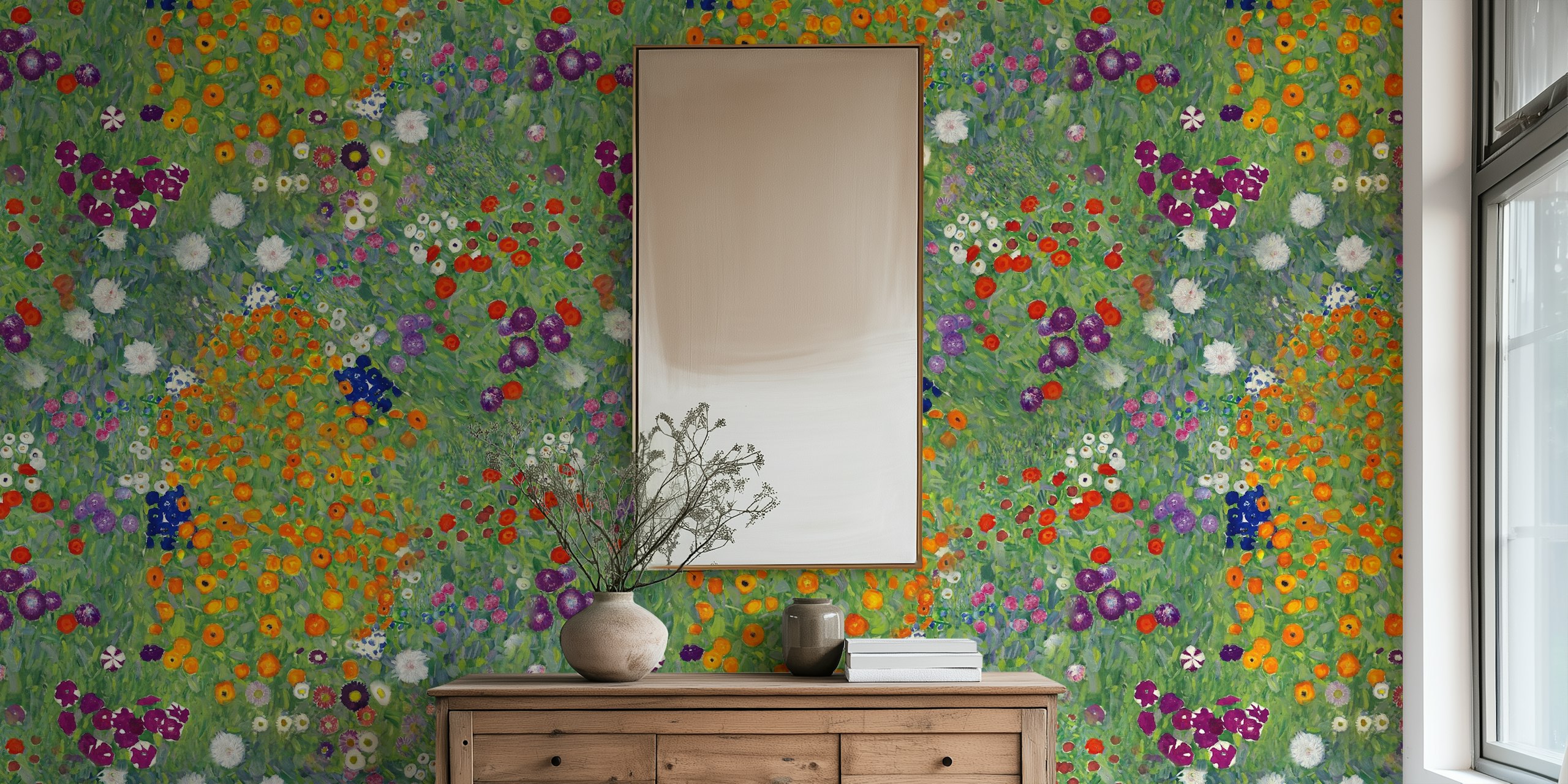 Flower garden pattern with colorful blooms on green background wallpaper