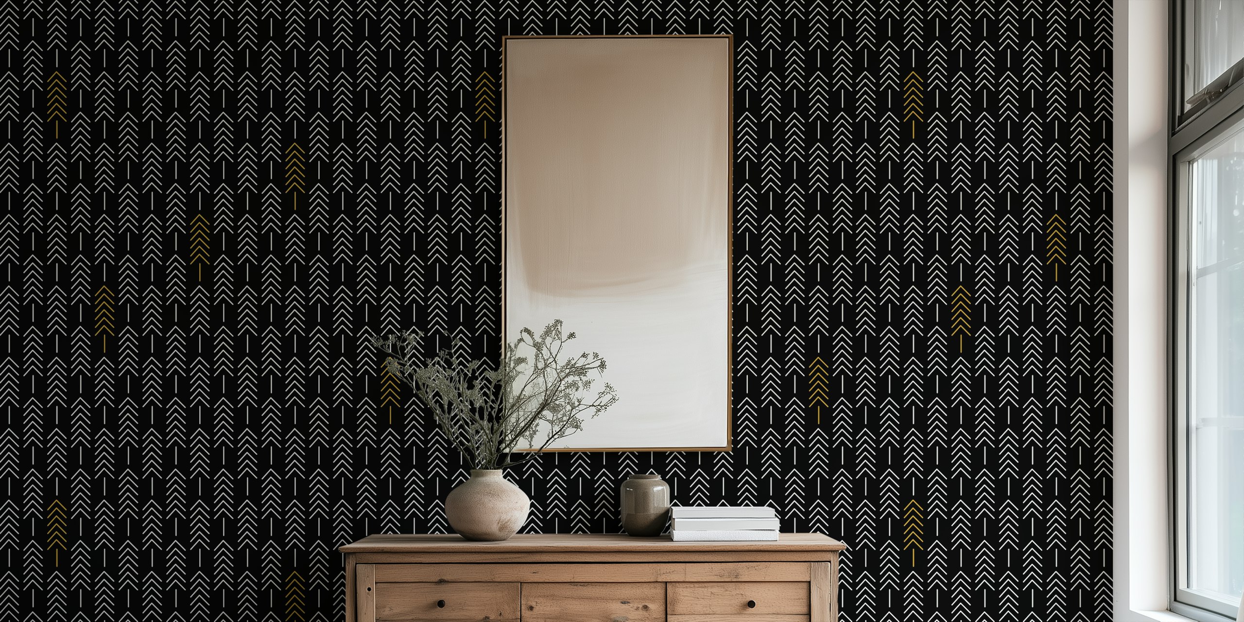 Geometric black forest tapetti huoneessa