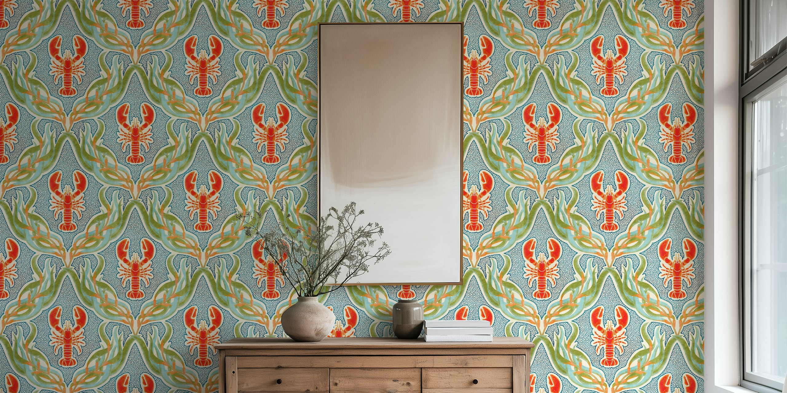 Lobster damask wallpaper in a room setting