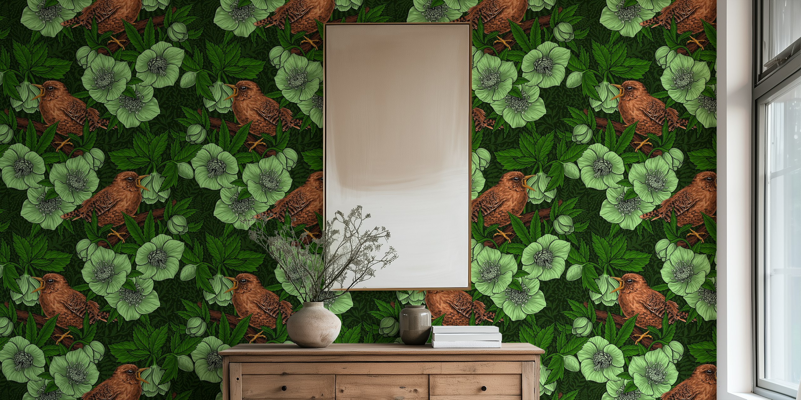 Wren and hellebore papel de parede em um quarto