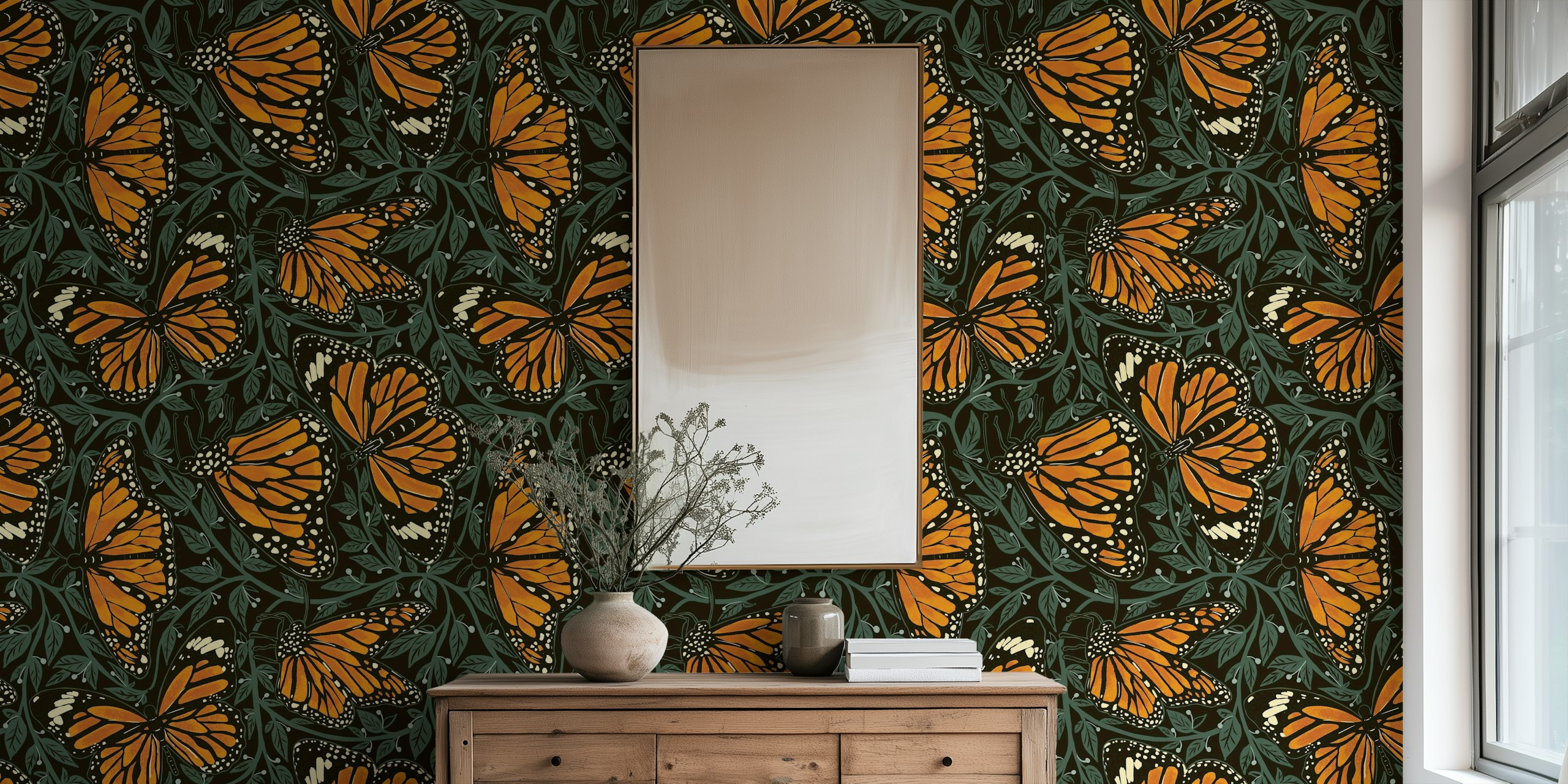 Oranje vlinders op een zwarte achtergrond met groene bladeren wanddecoratie