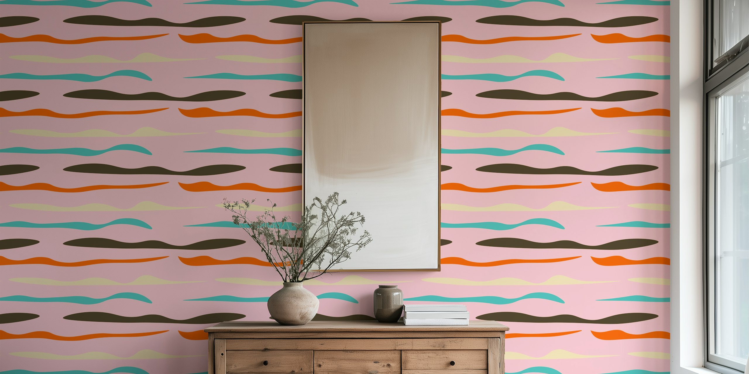 Mid Mod Waves Lines Pink tapetti huoneessa
