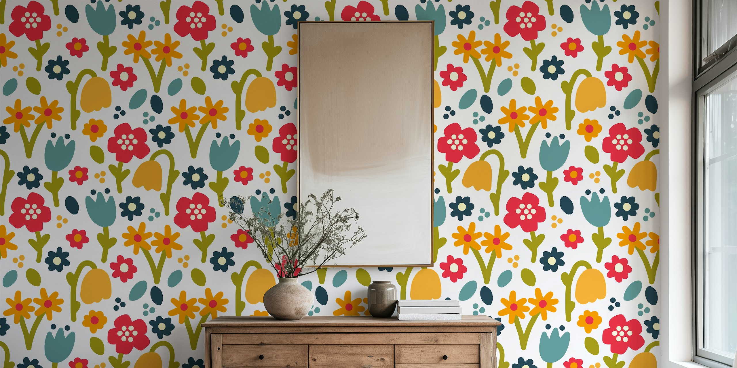 Playful meadow bright floral wallpaper in a room