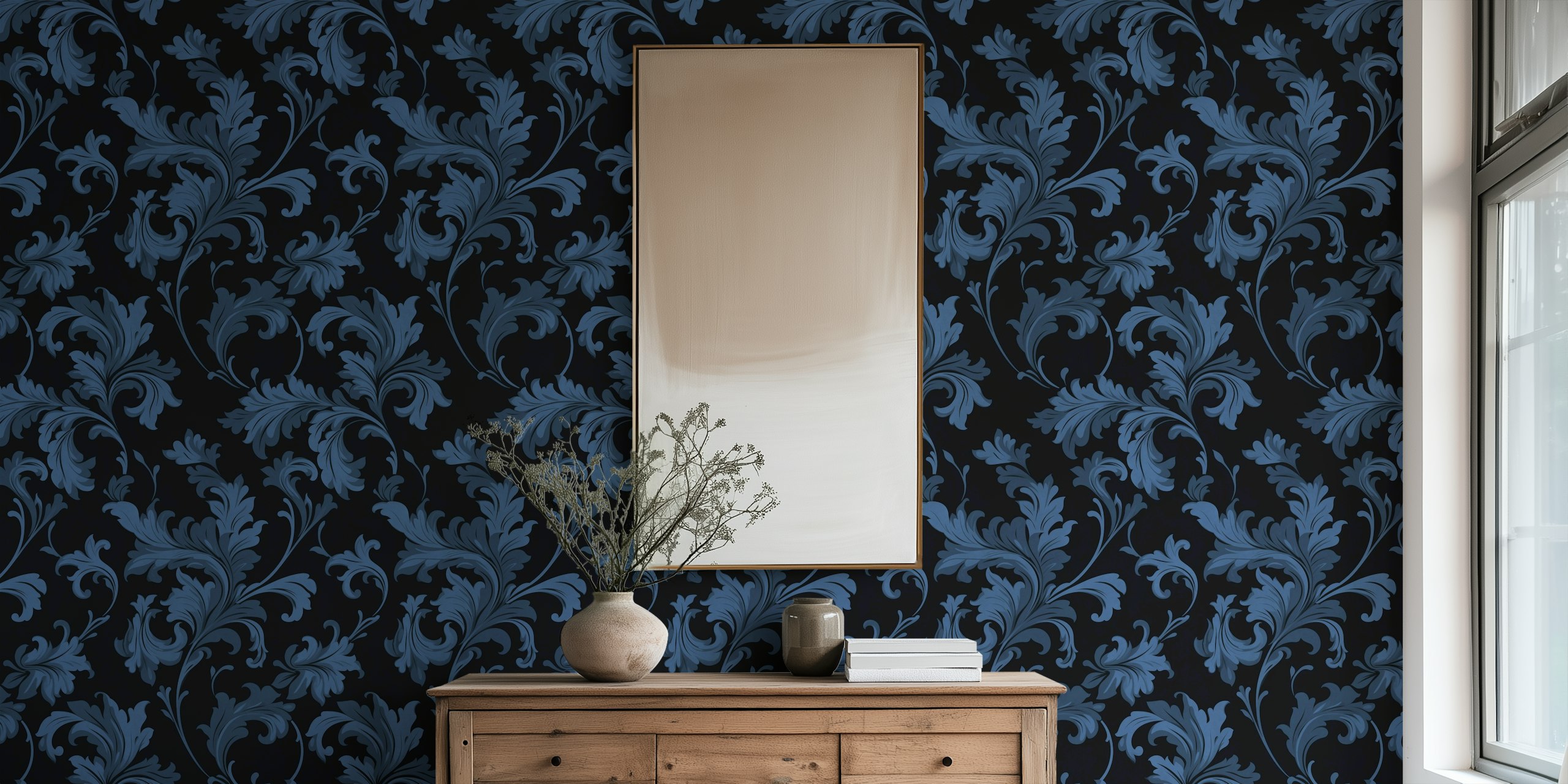 Floral swirls in royal midnight blue on dark background wallpaper