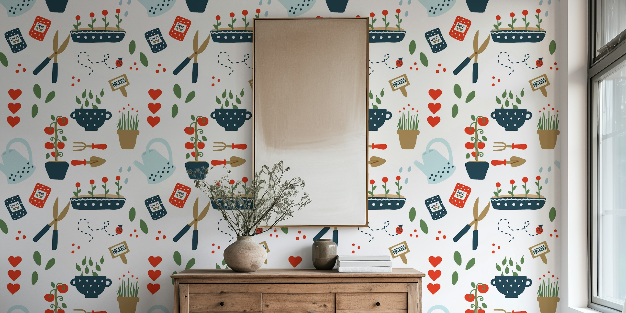 Playful illustration of garden tools, potted herbs, and gardening elements on a wall mural