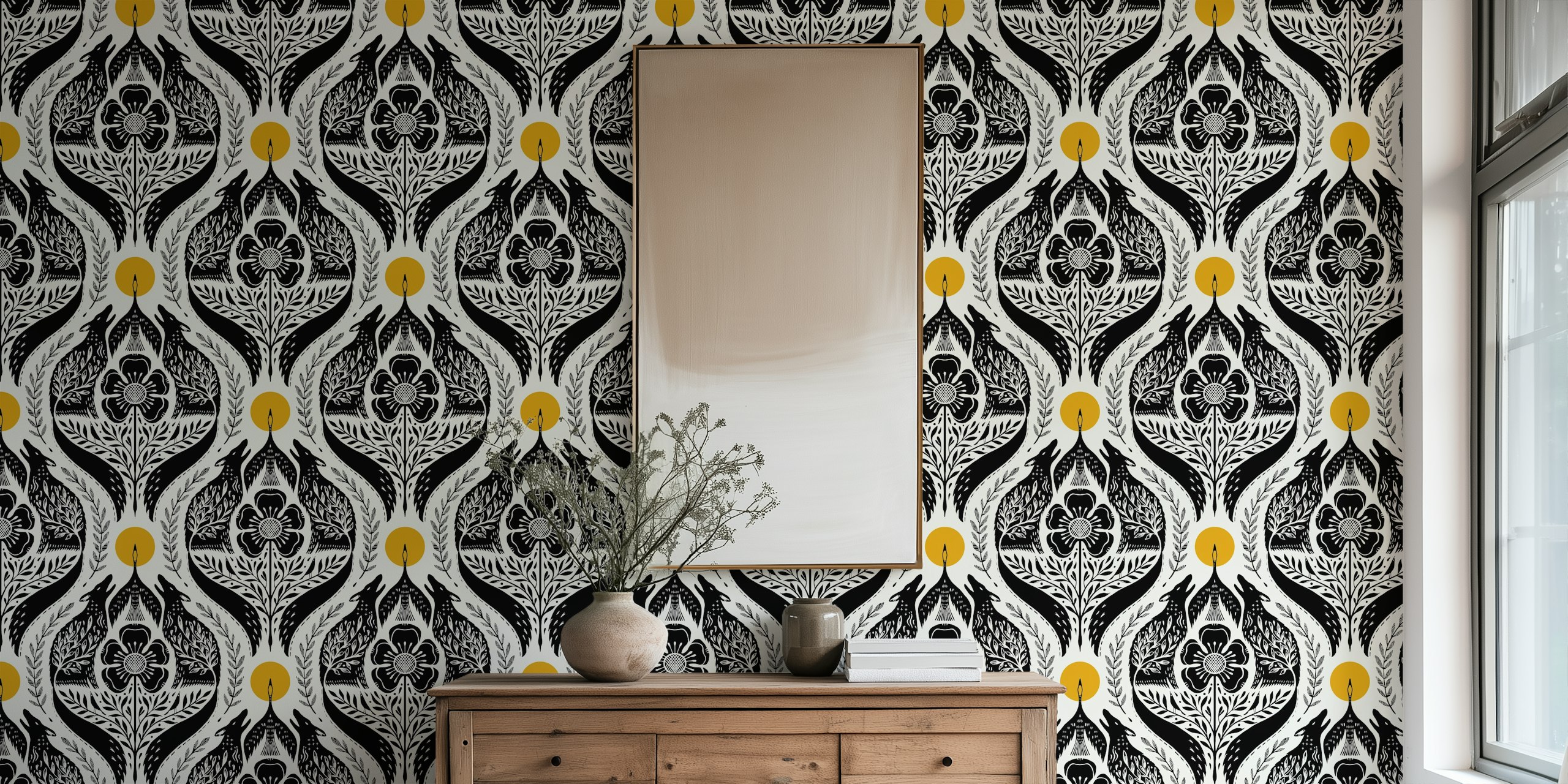Black and white wolf and floral design wallpaper