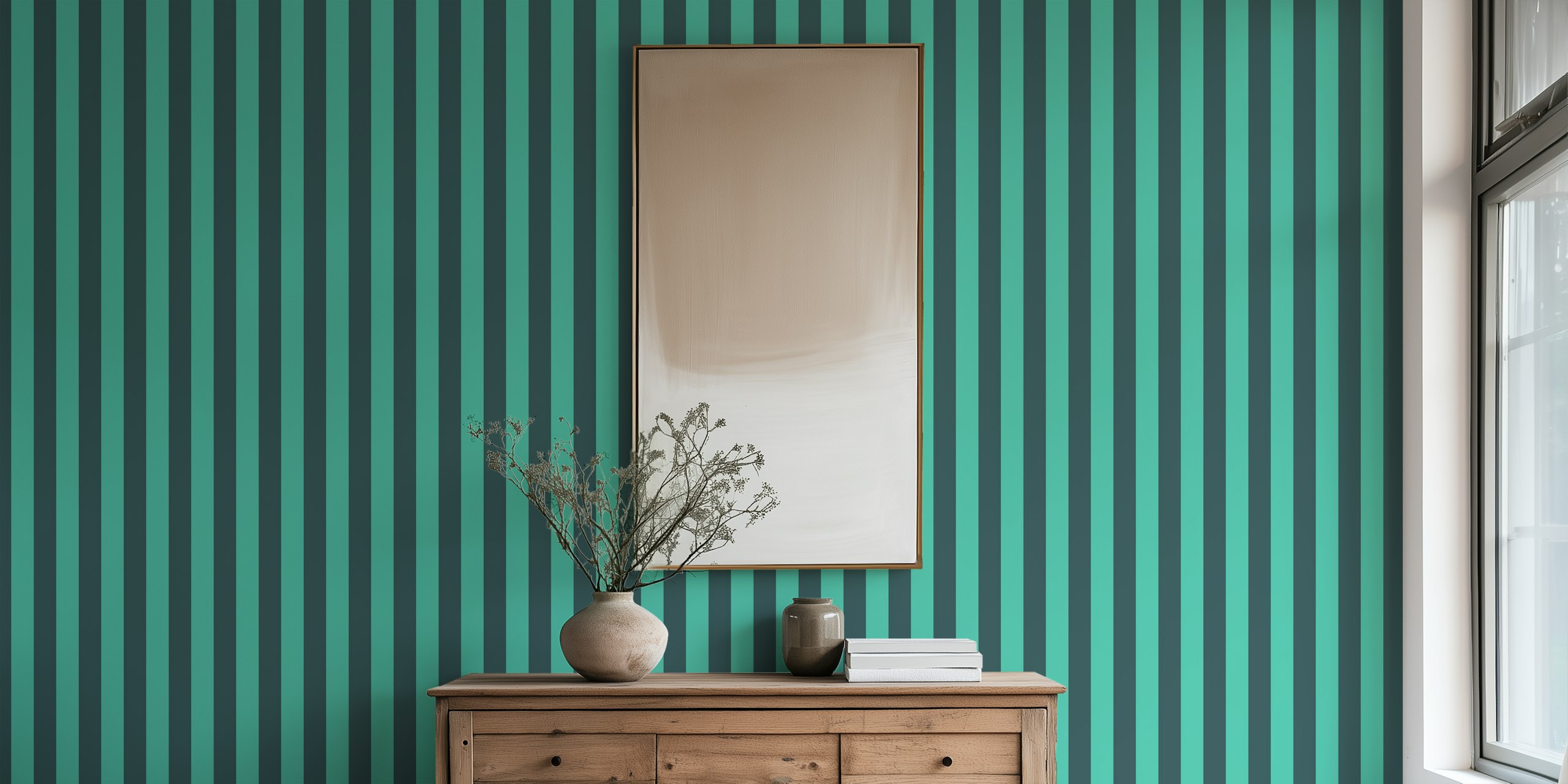papier peint à rayures verticales bleues et vertes pour un intérieur rétro et stylé