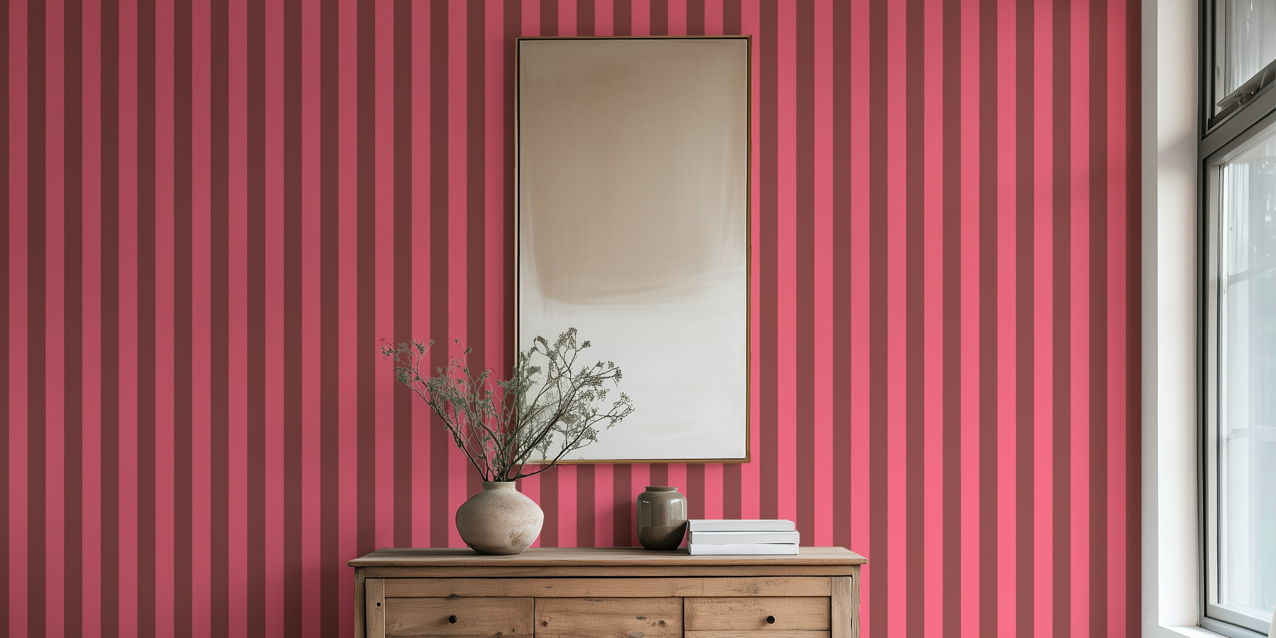 Pink and Brown Vintage Stripes wallpaper in a room