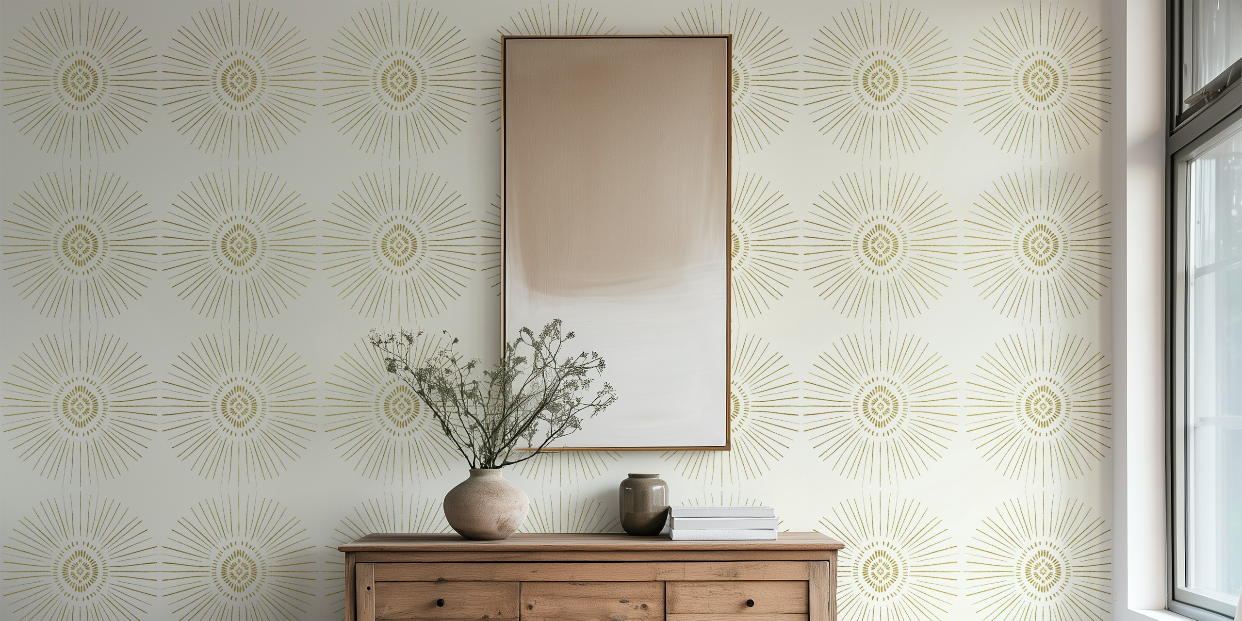 Gold tribal sun pattern with rays on cream background wallpaper