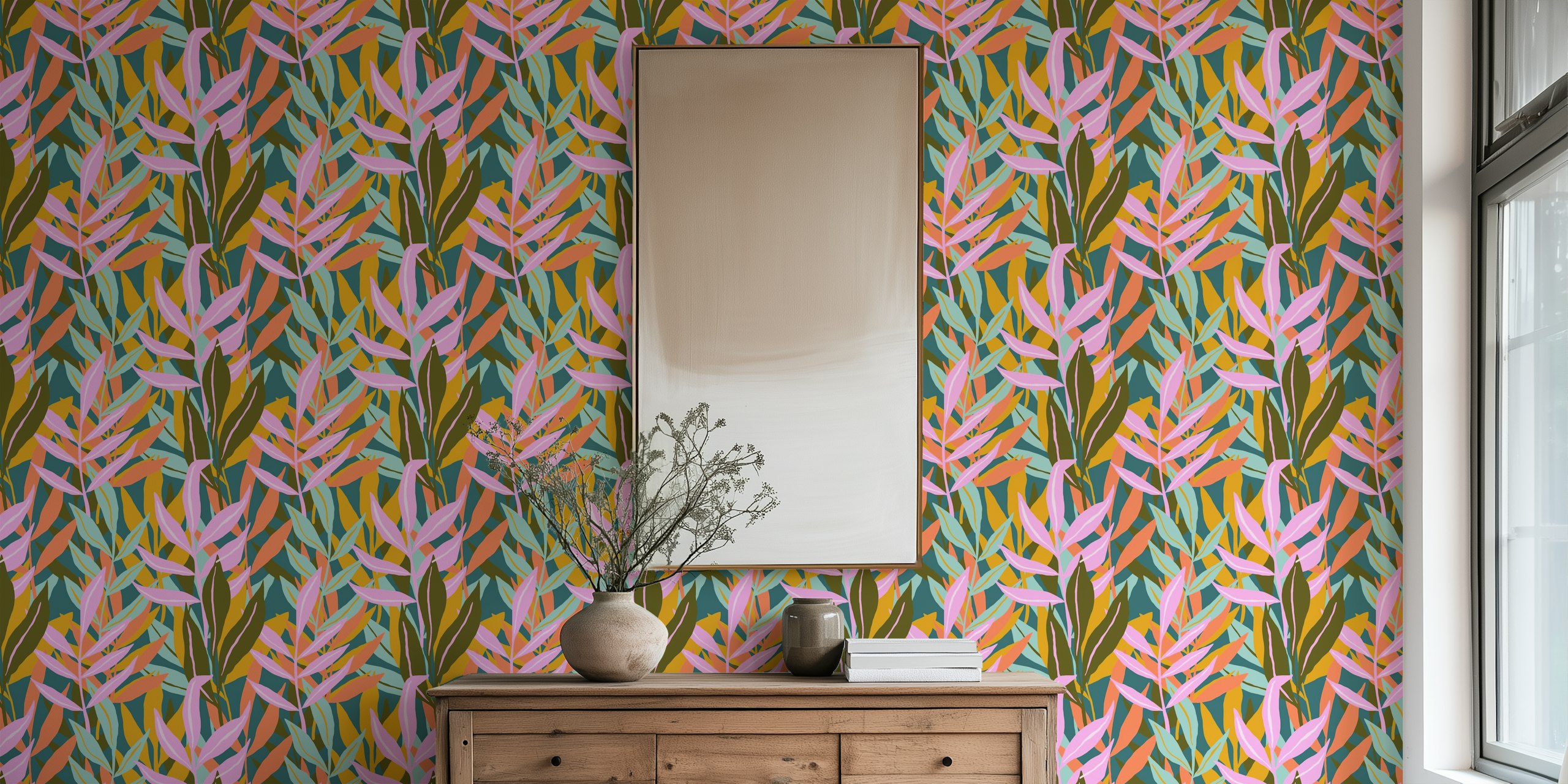 Tropical leaves in pink, green, and orange colors wallpaper