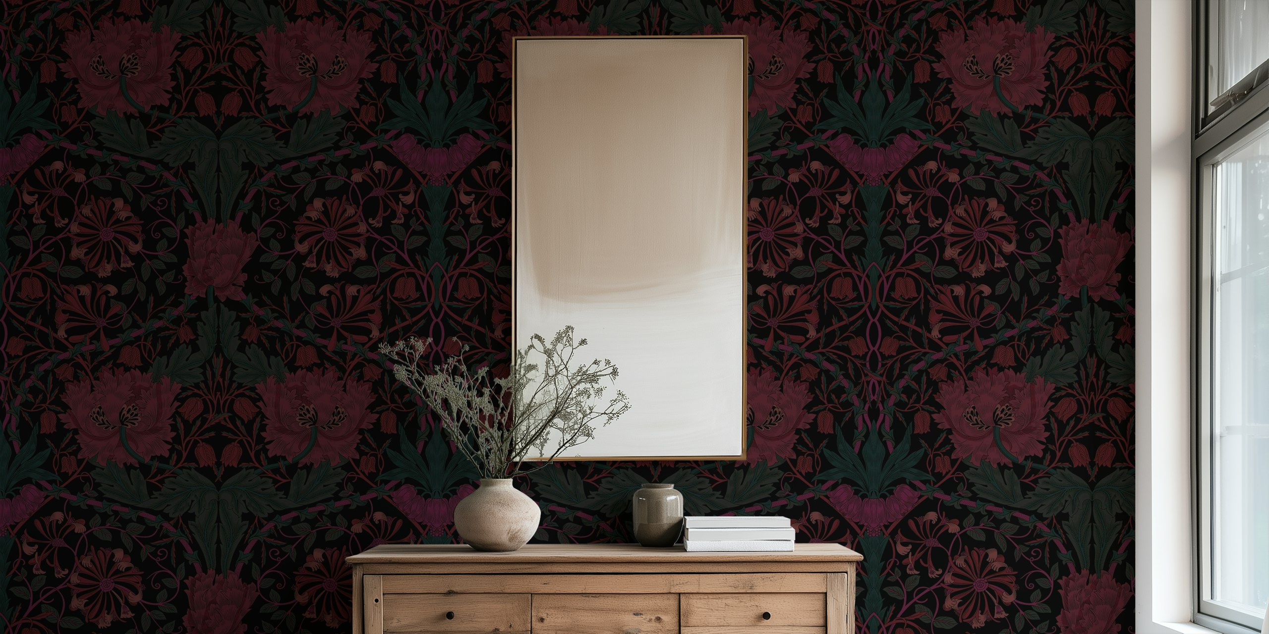Victorian floral pattern wallpaper featuring dark red and green hues