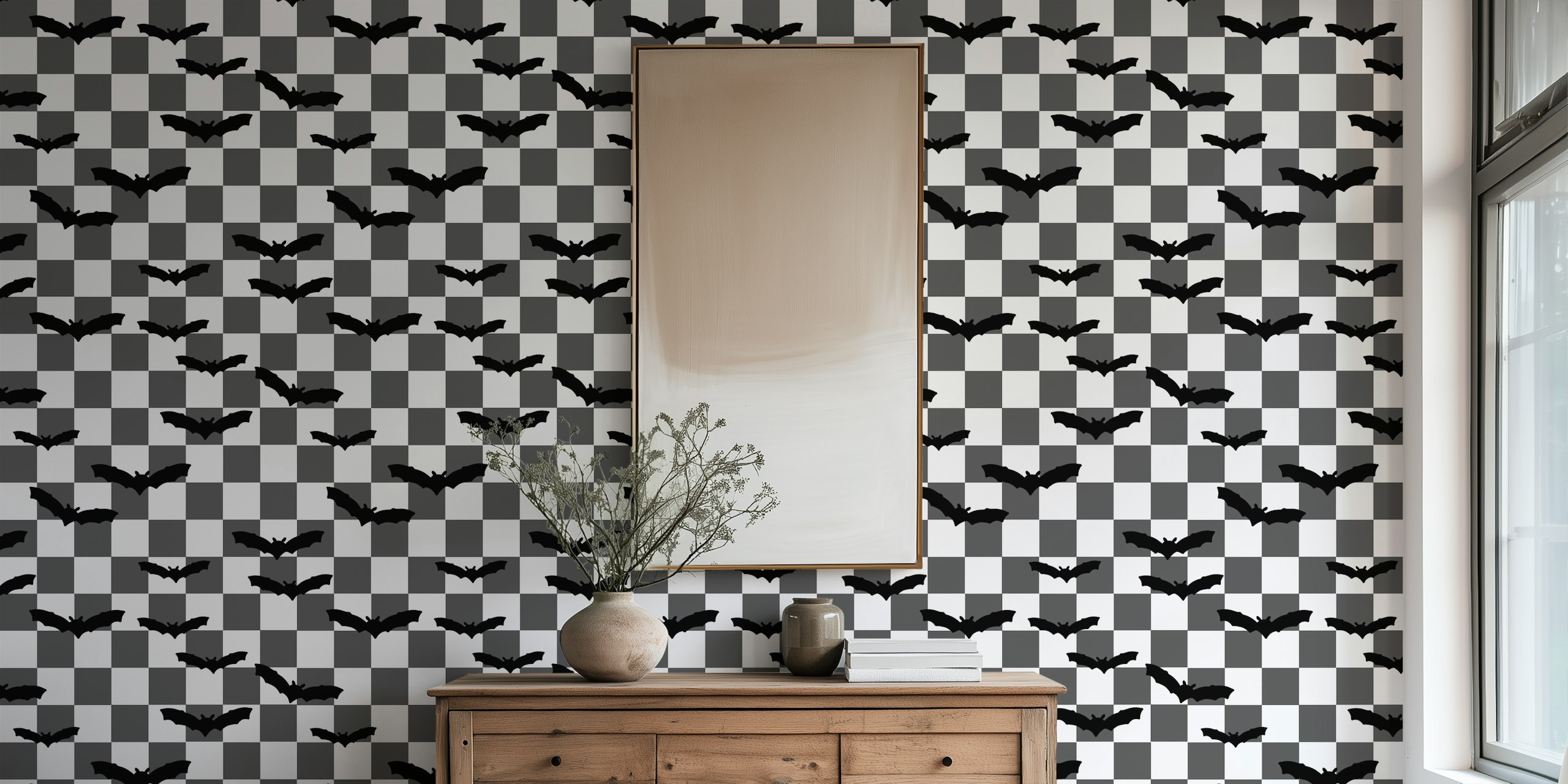 Black bats on grey checkerboard wallpaper design