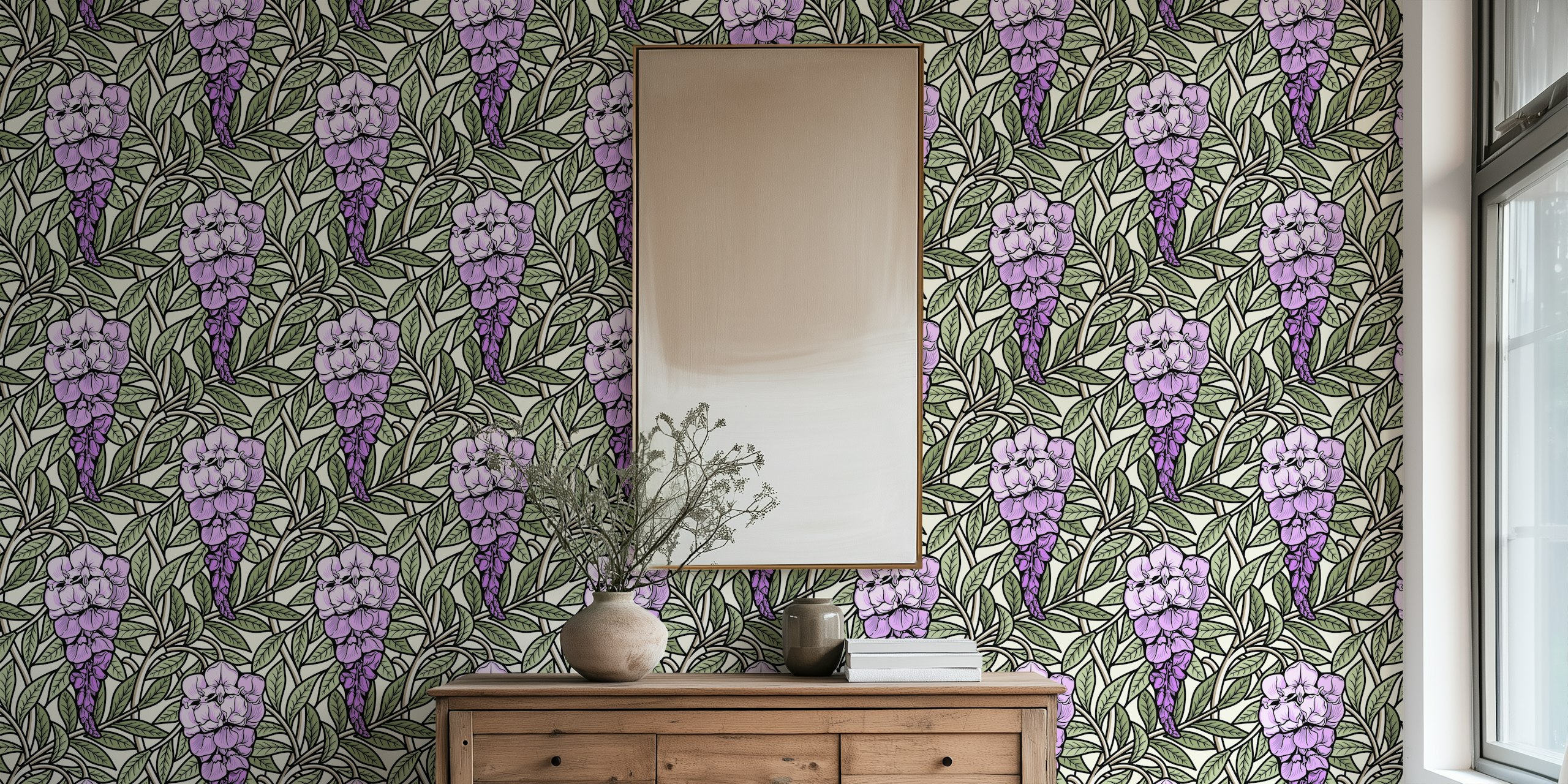 Purple Wisteria flowers and green leaves on vintage white wallpaper
