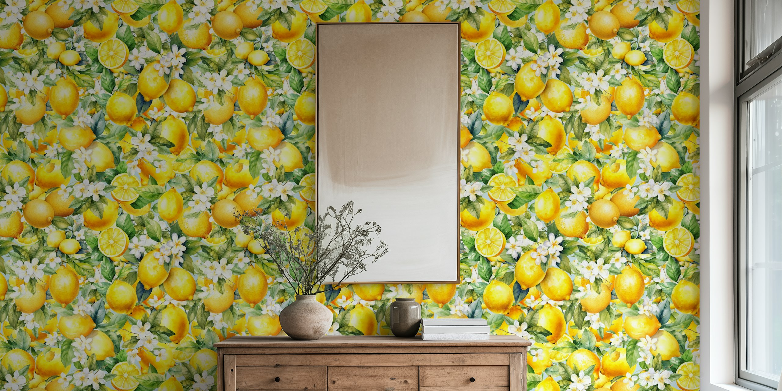 Lemon and white flower pattern on light background wallpaper