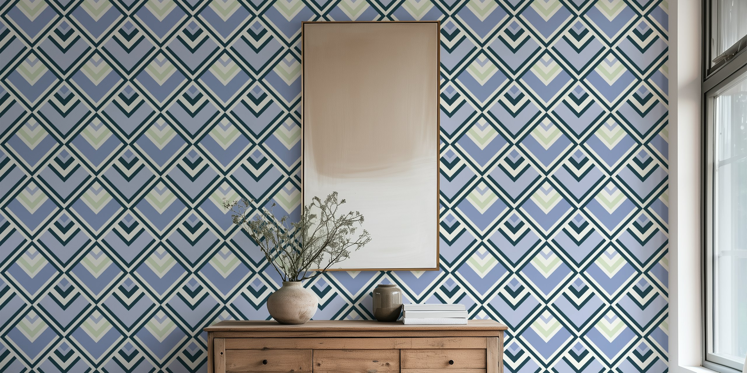 Geometric blue diamond pattern on cream wallpaper