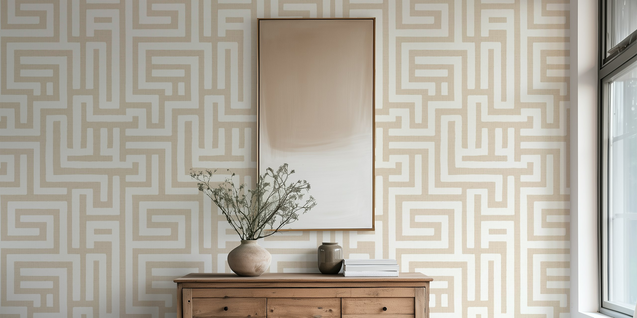 Beige and off-white geometric maze wallpaper