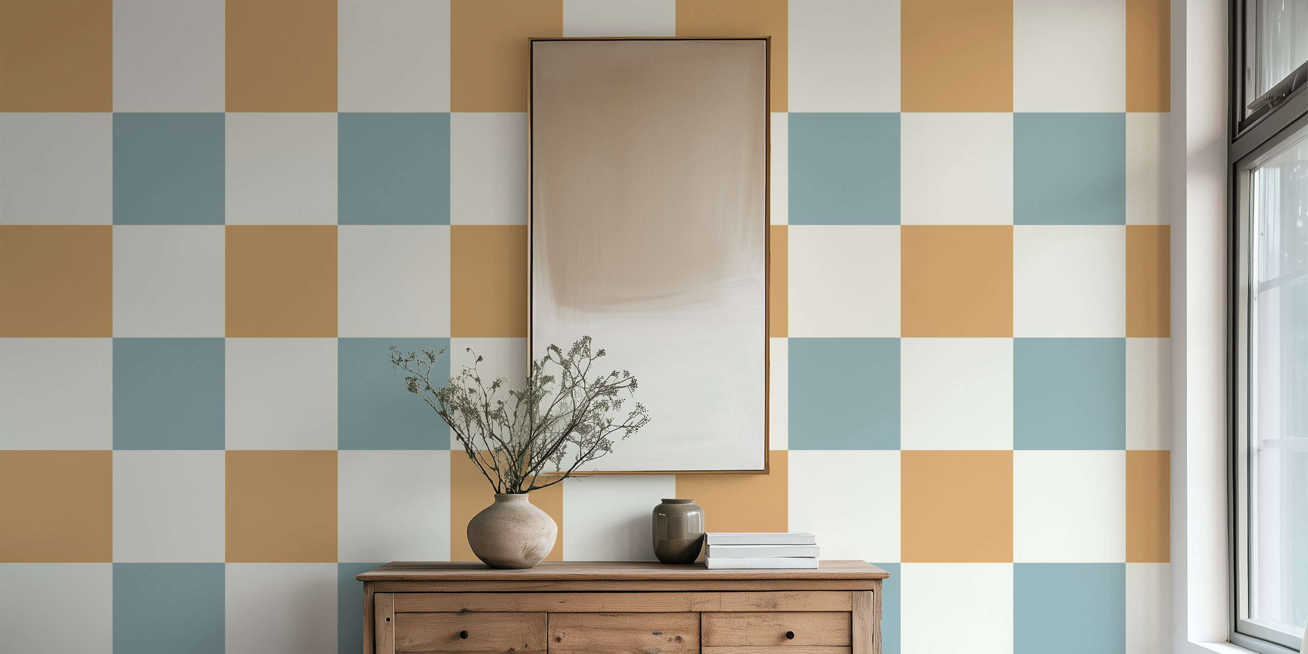 Boho Checkers Toasted Powder Blue vægmaleri med moderne skakternet mønster i beige og pudderblå toner