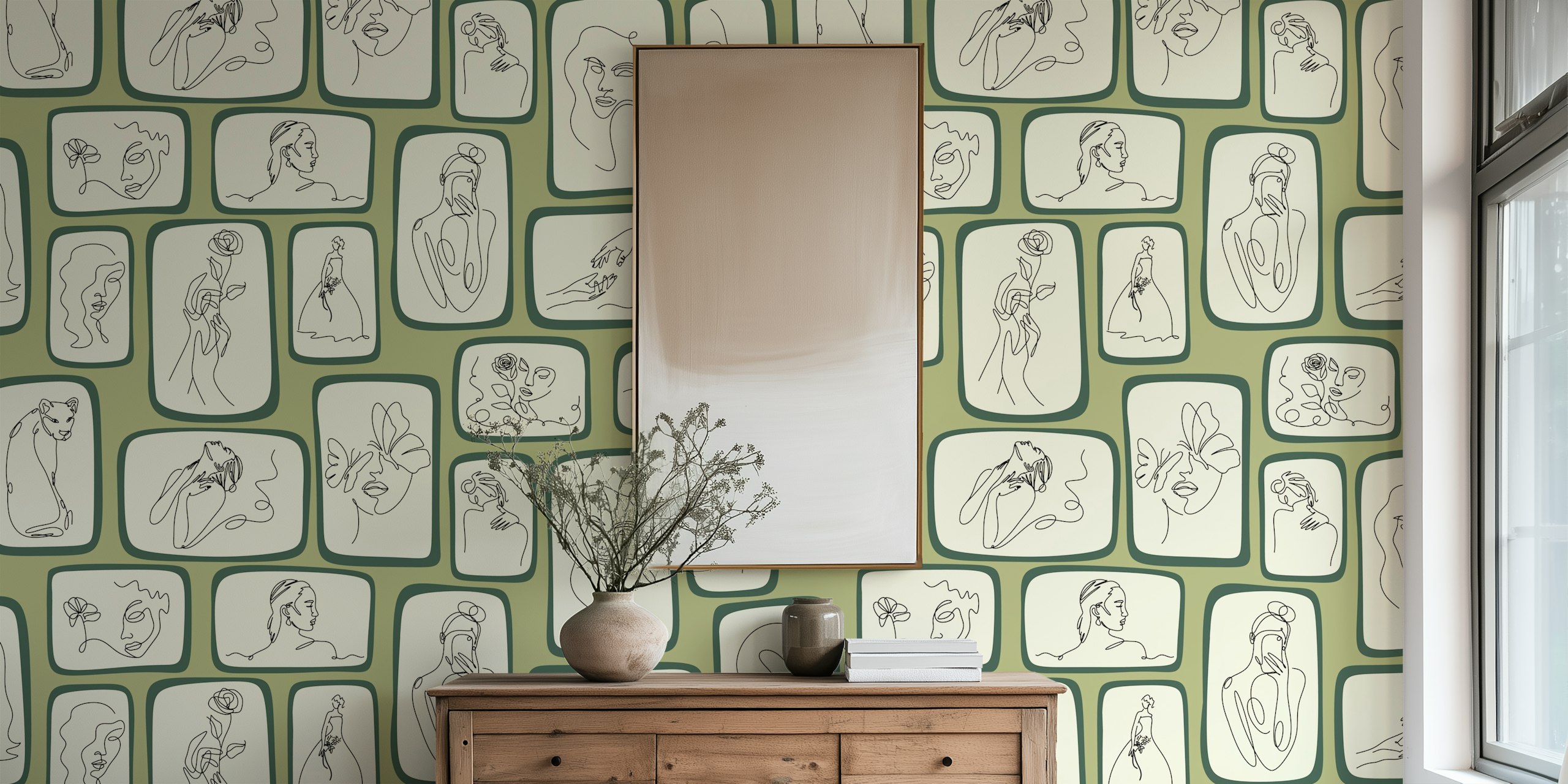 Line Art Gallery 3 green dizajn tapete u sobi