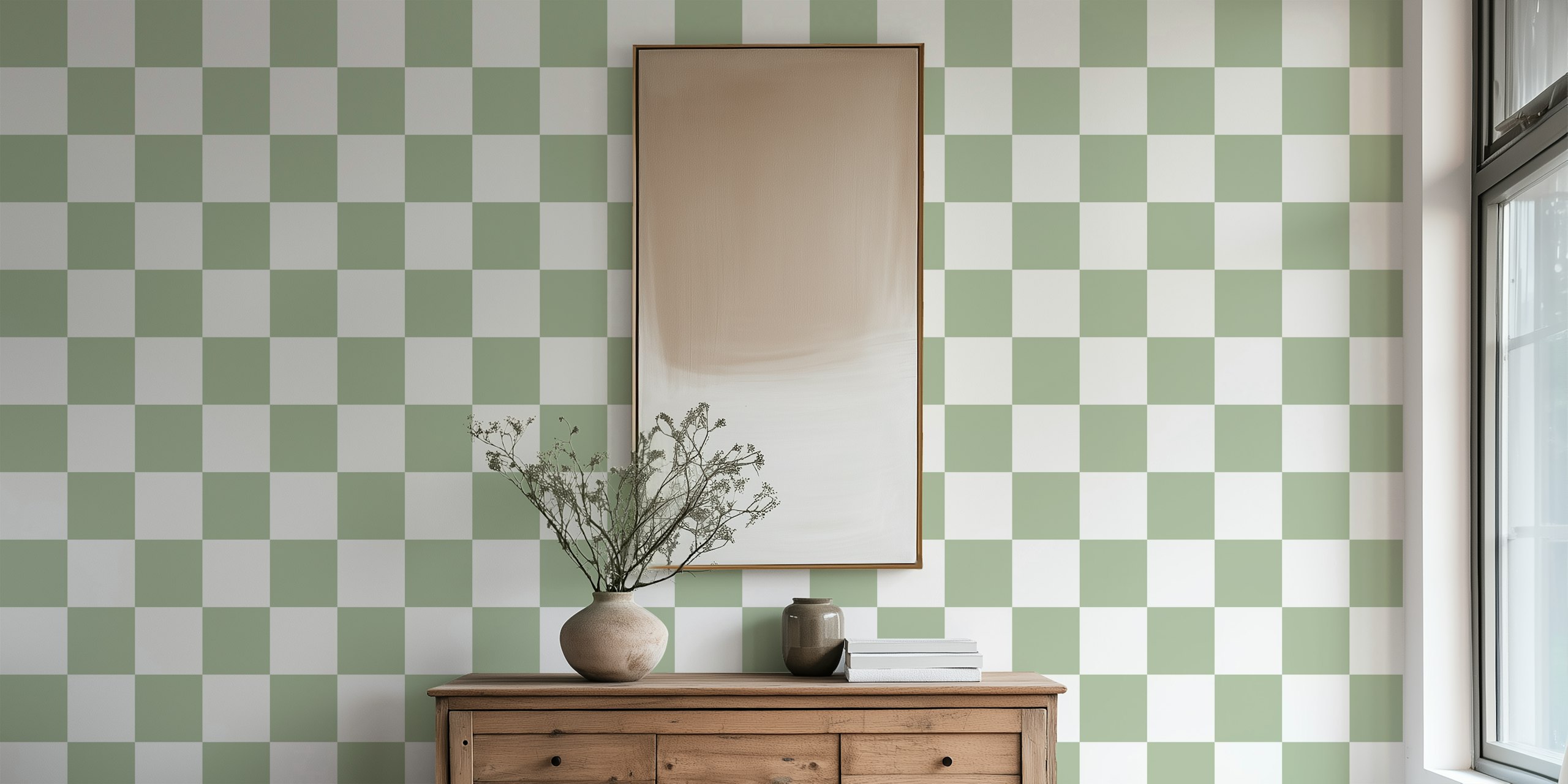 Sage green and white checkerboard pattern wallpaper