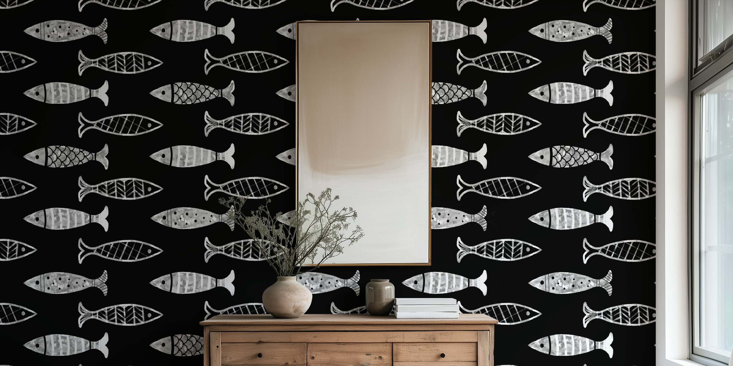 Fotomural vinílico de parede monocromático com padrão de peixe em um fundo escuro.