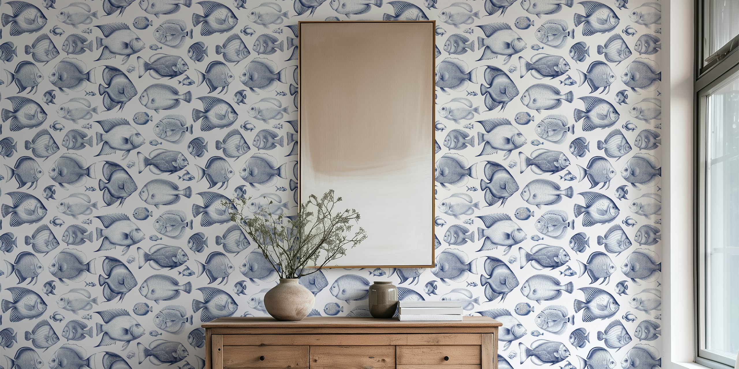 Delft Blue style fish wall mural with whimsical underwater scene