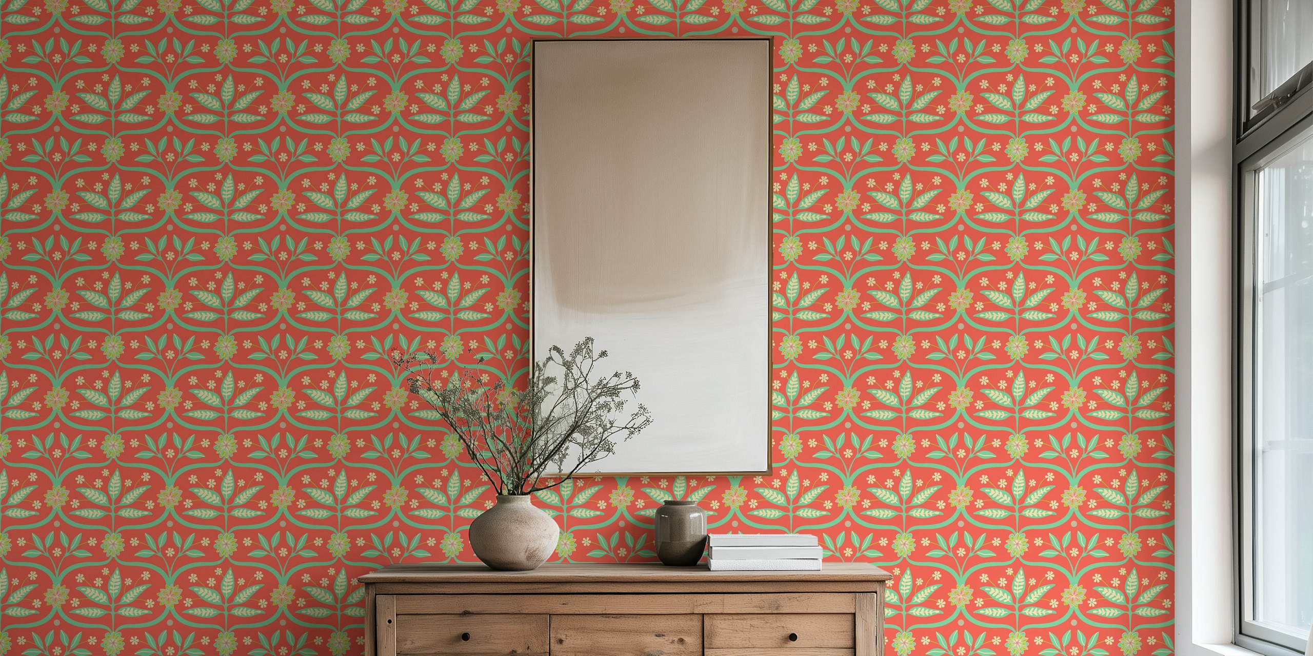 Mahal Floral Botanical Damask Coral Kleines Wandbild