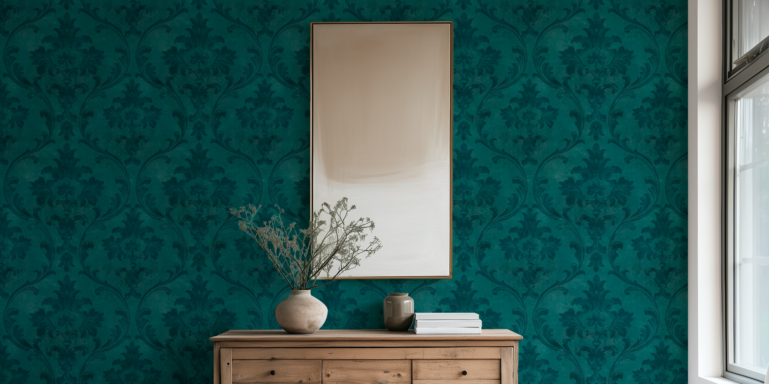 Teal damask patterned wallpaper with floral motifs