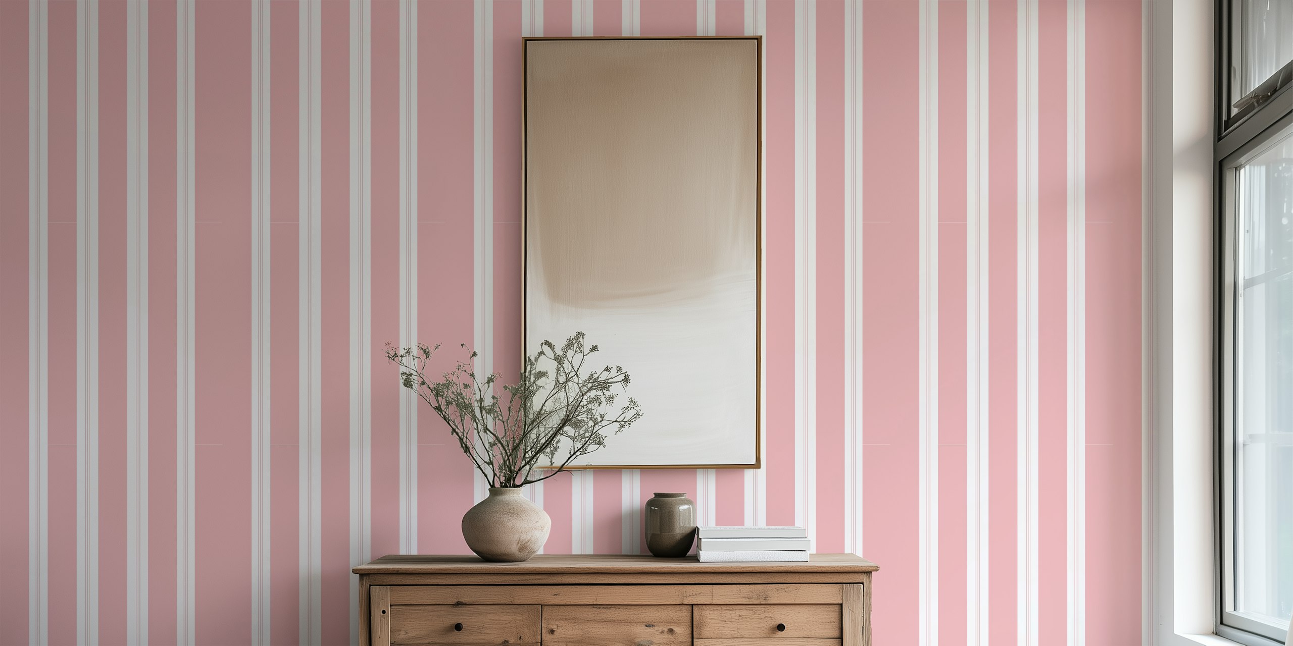 Blush white stripes wallpaper in a room