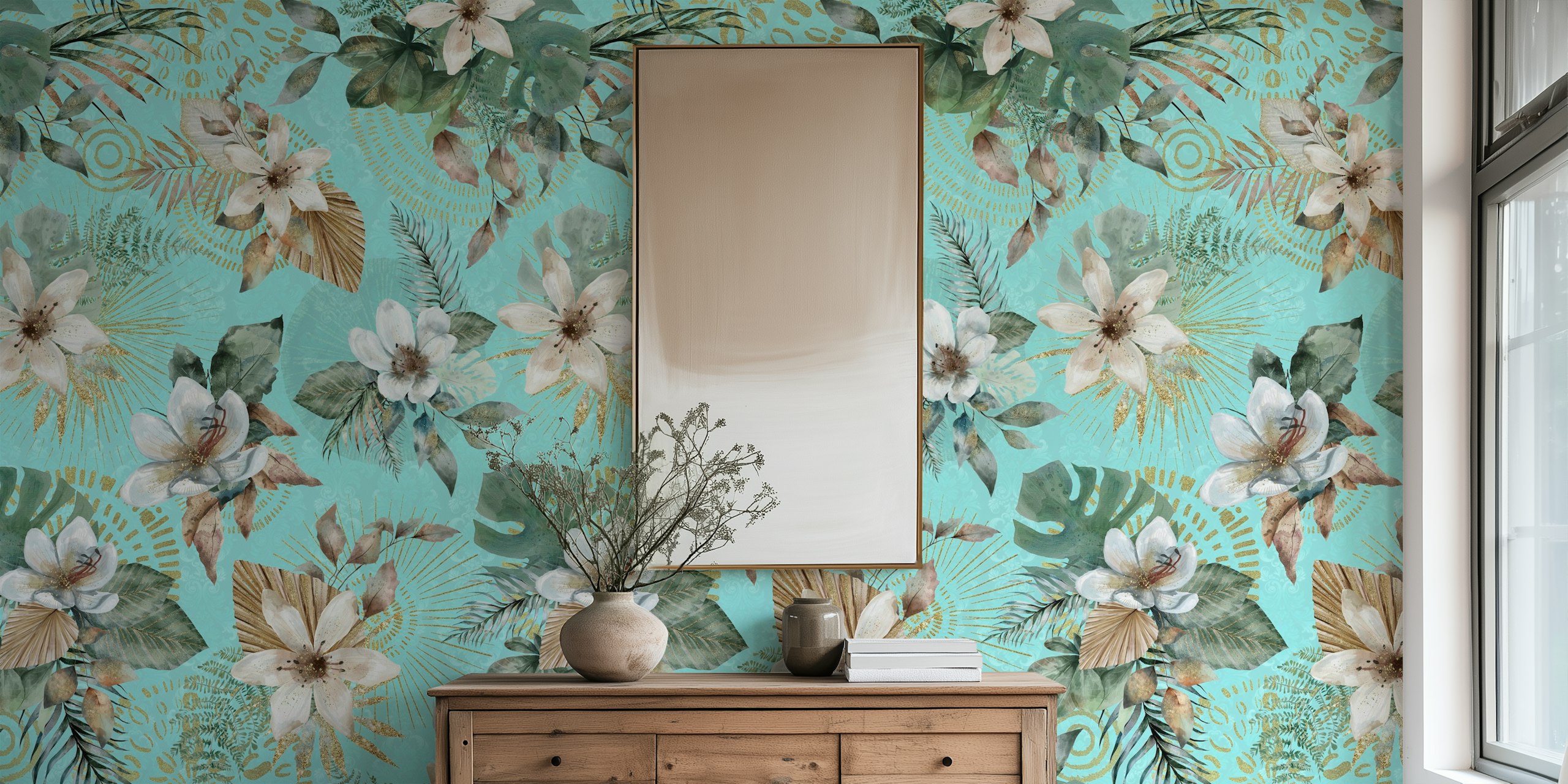 Boemska cvjetna tapeta u tirkiznoj boji