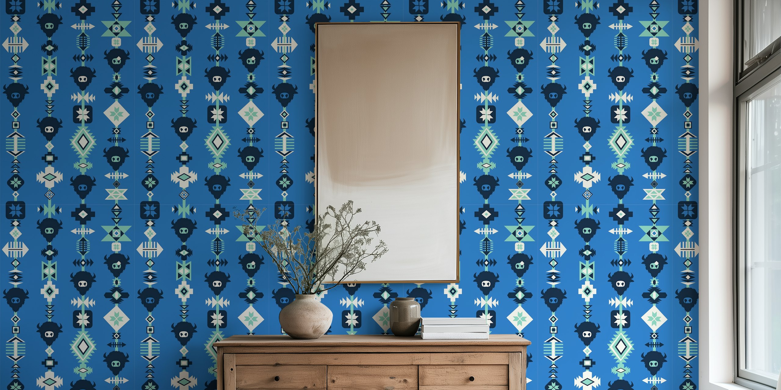 Buffalo and Aztec lines pattern in blue wallpaper