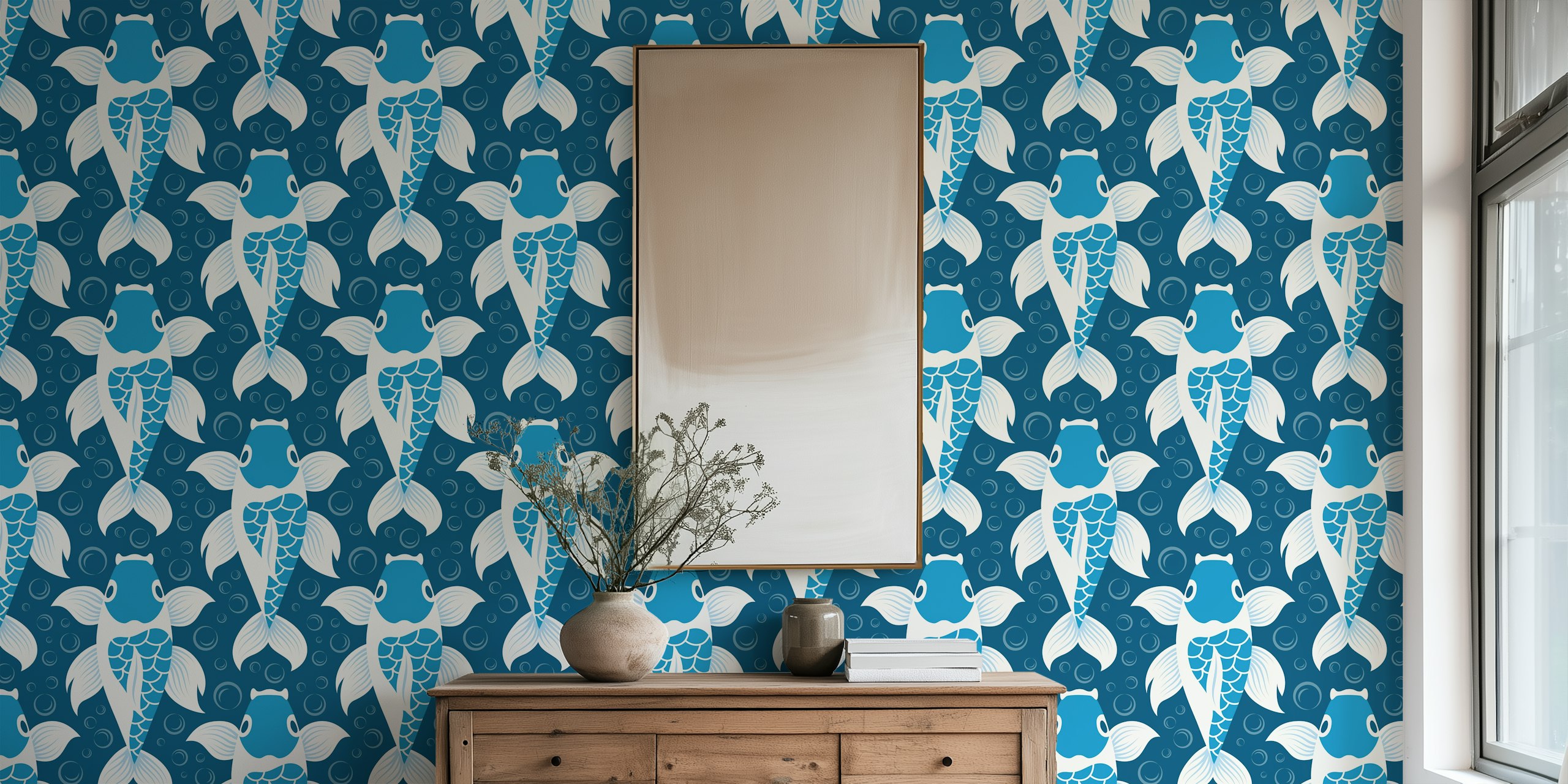 Koi fish pattern in blue with white accents wallpaper