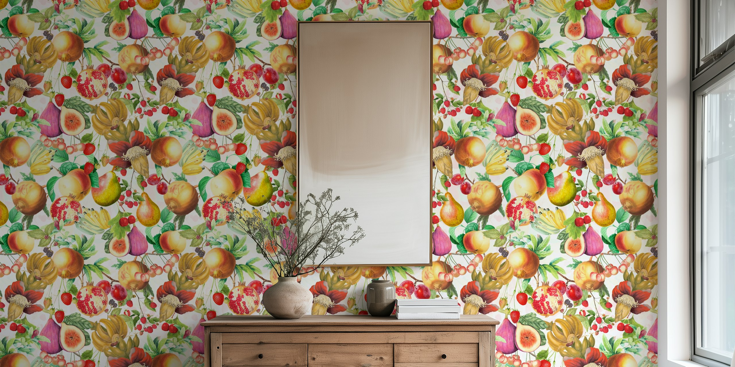 Colorful vintage fruits including apples, figs, and pomegranates wallpaper