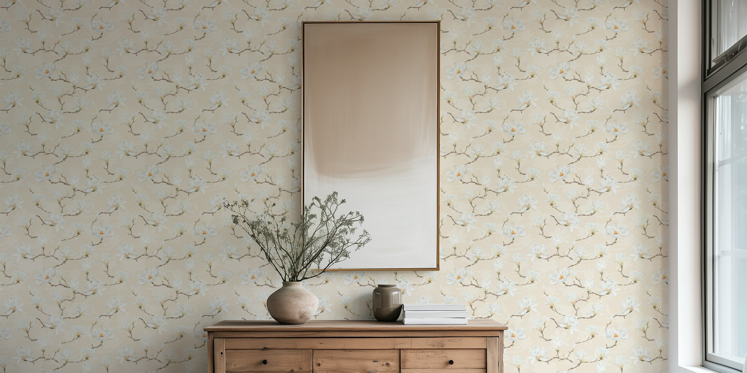 White magnolia flowers with branches on a beige background wallpaper