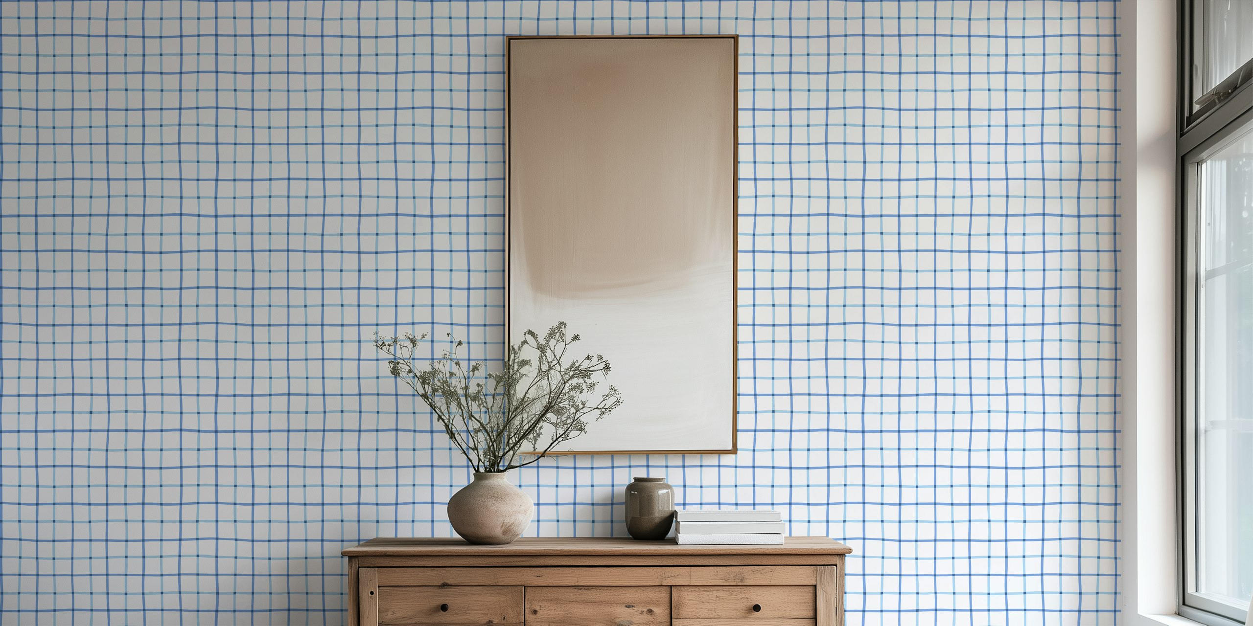 Hand drawn grid in shades of blue in een kamer