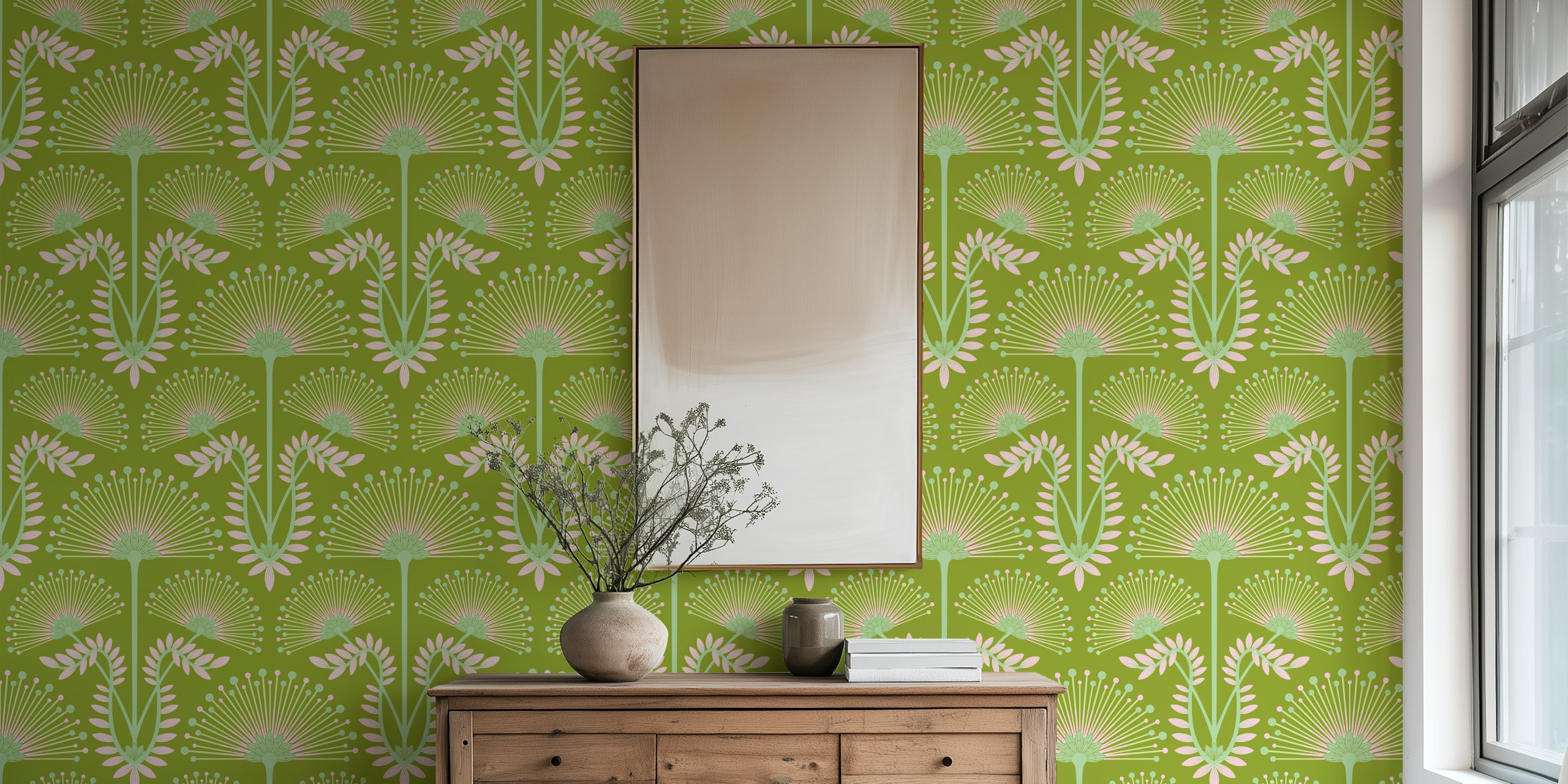 Blommig Mimosa Art Deco Floral - Spring Green - Large Design I En Grön Miljö