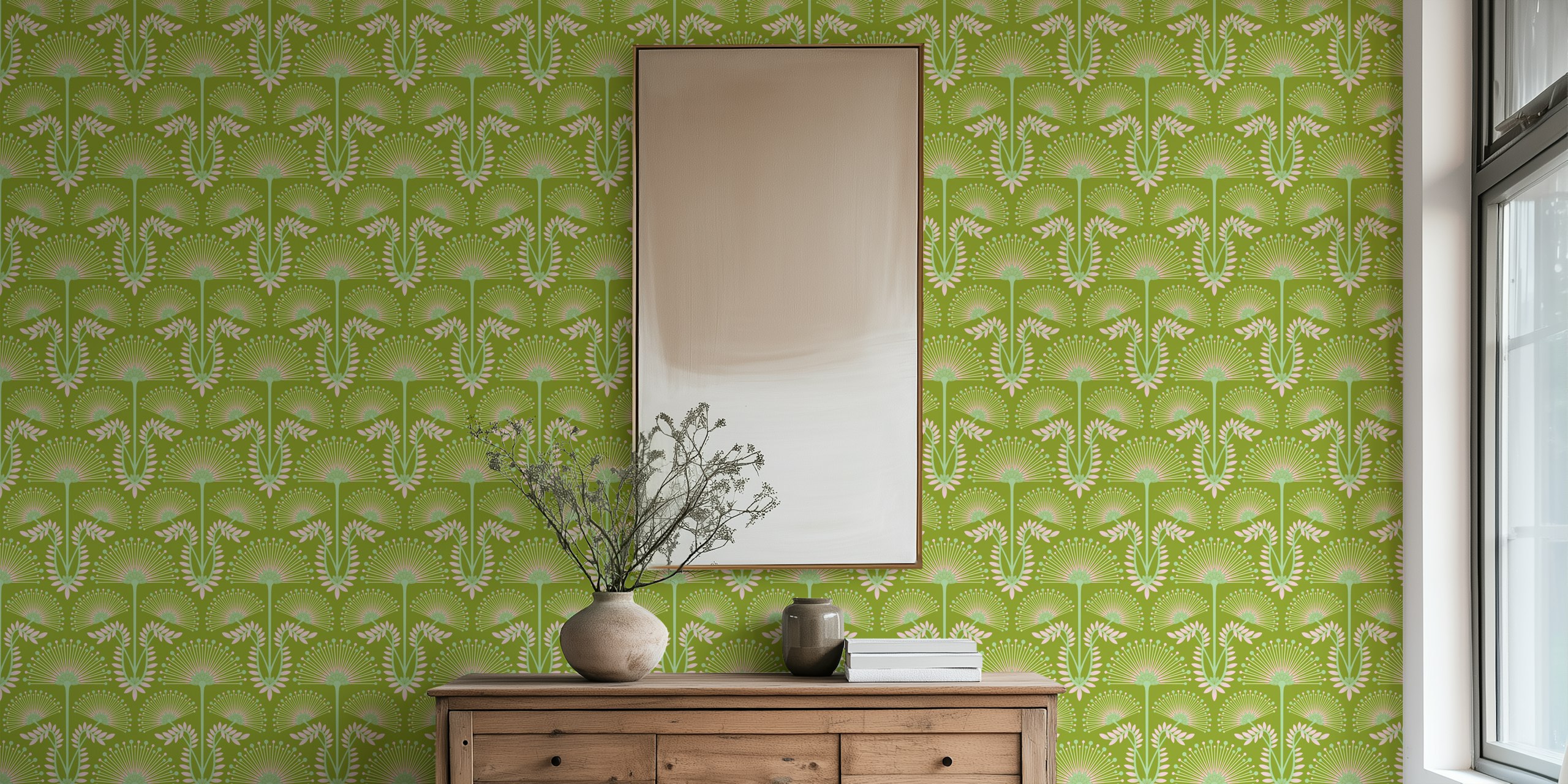 Floral pattern with green and pink colors in Art Deco style wallpaper