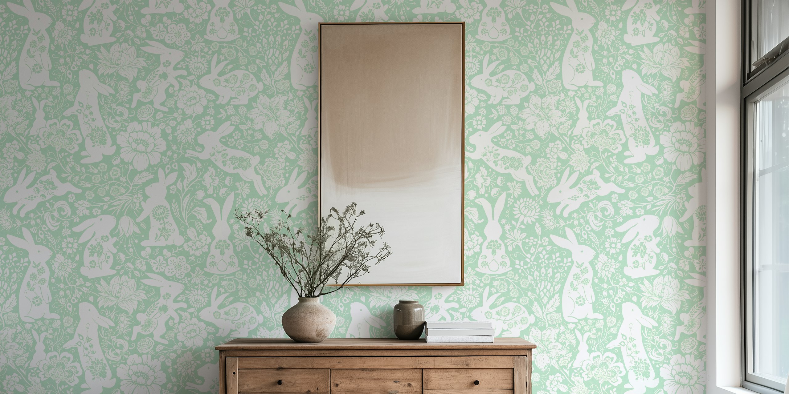 Floral patterned rabbits in turquoise and white wallpaper