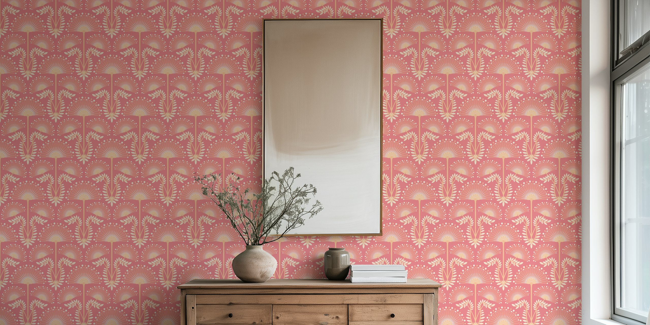 Art Deco floral design featuring peach and white flowers wallpaper