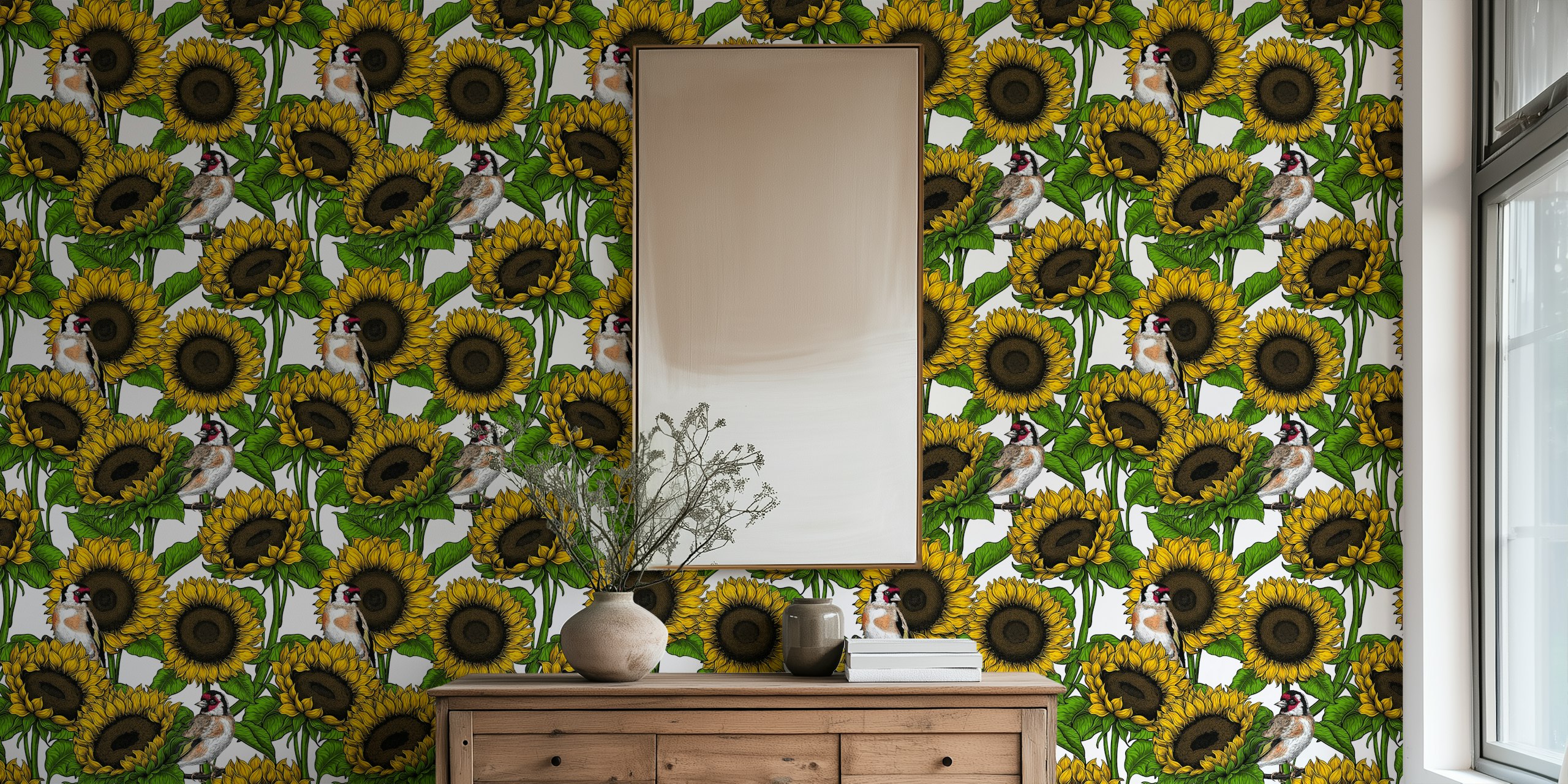 Sunflowers and goldfinches in yellow and green wallpaper