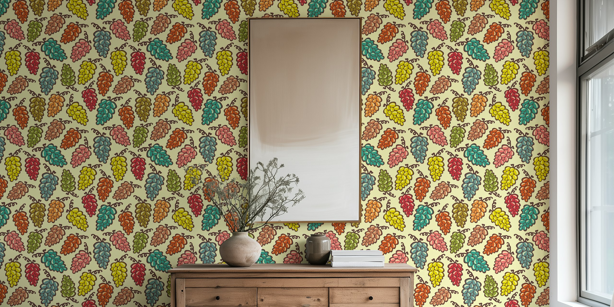 Colorful vintage-style wall mural featuring an assortment of juicy grapes