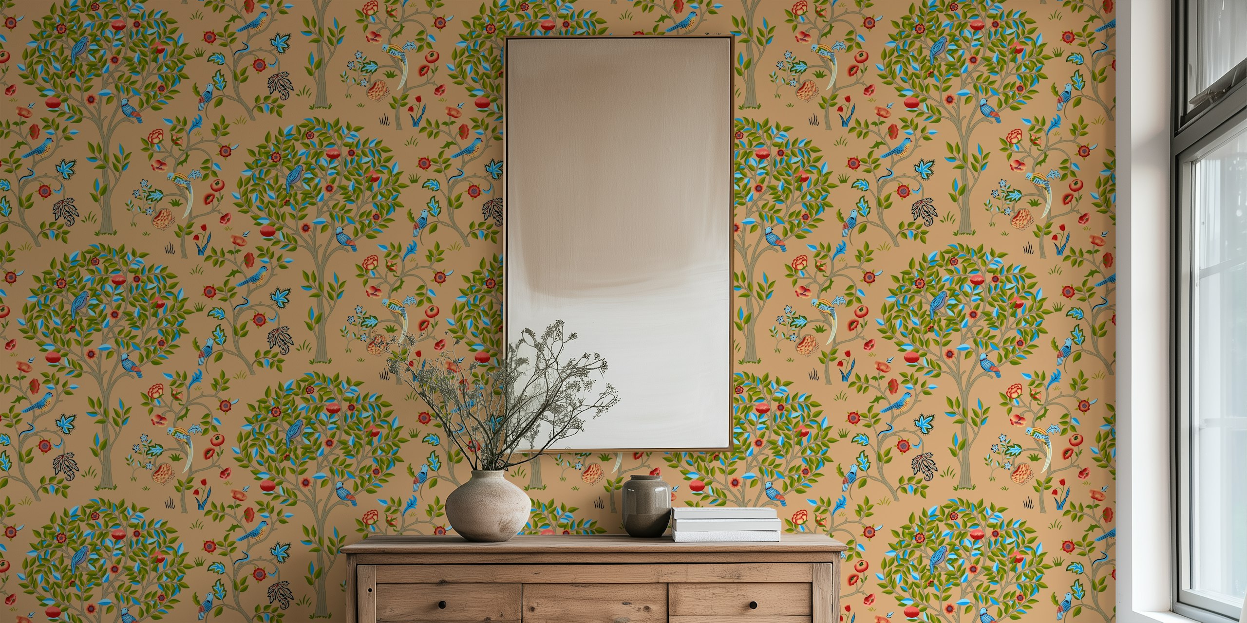 Floral tree wallpaper with colorful birds and flowers in beige background