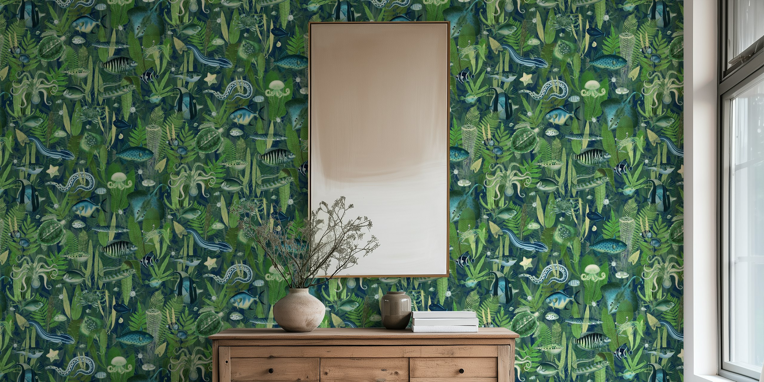 Tropical fish and aquatic plants in green and blue wallpaper