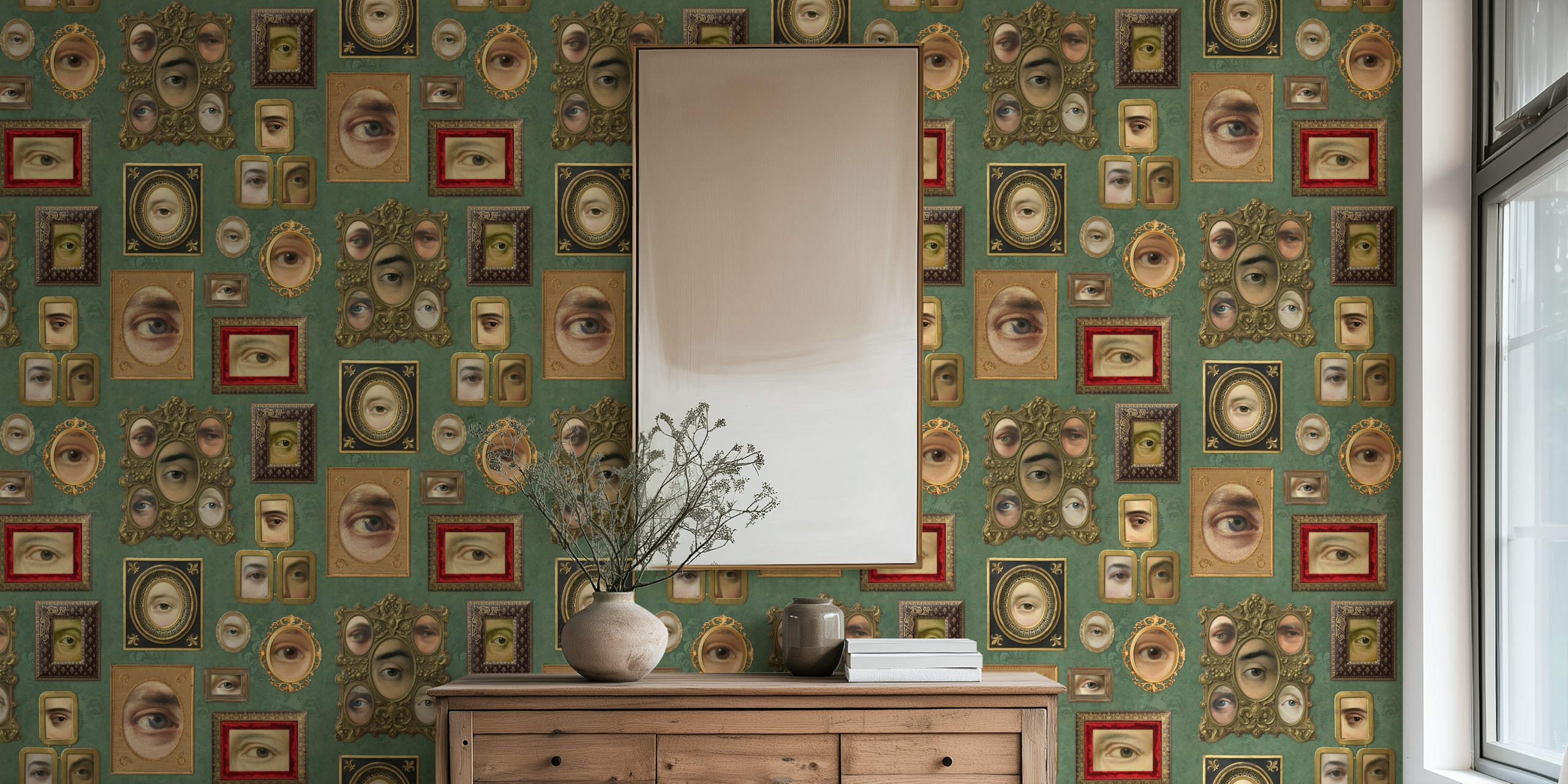 Multiple eye portraits in ornate frames on sage green wallpaper