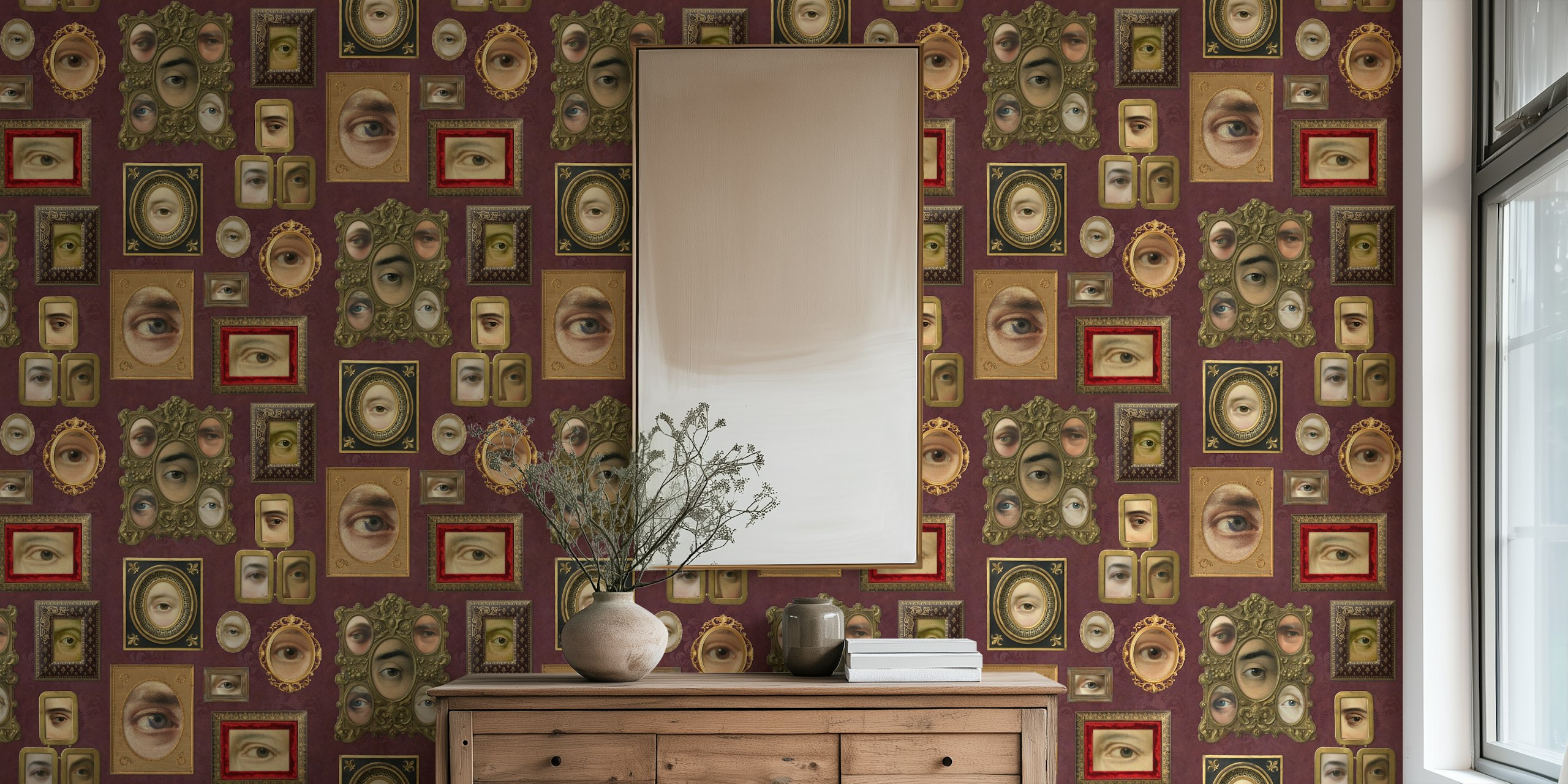 Single Eyes Victorian Portraits wall mural in burgundy with Victorian-style framed eyes