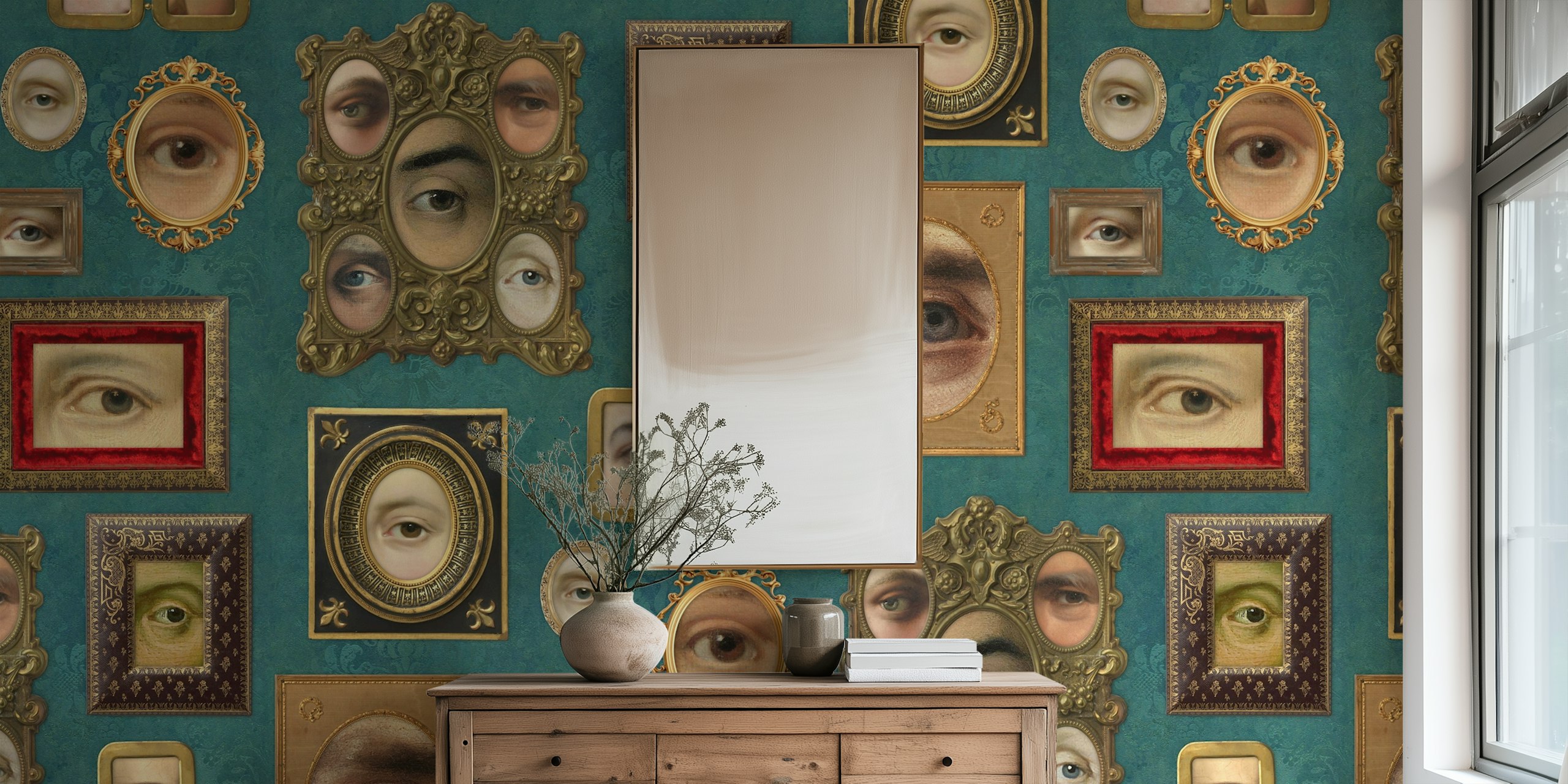 Wallpaper featuring Victorian portraits with eyes