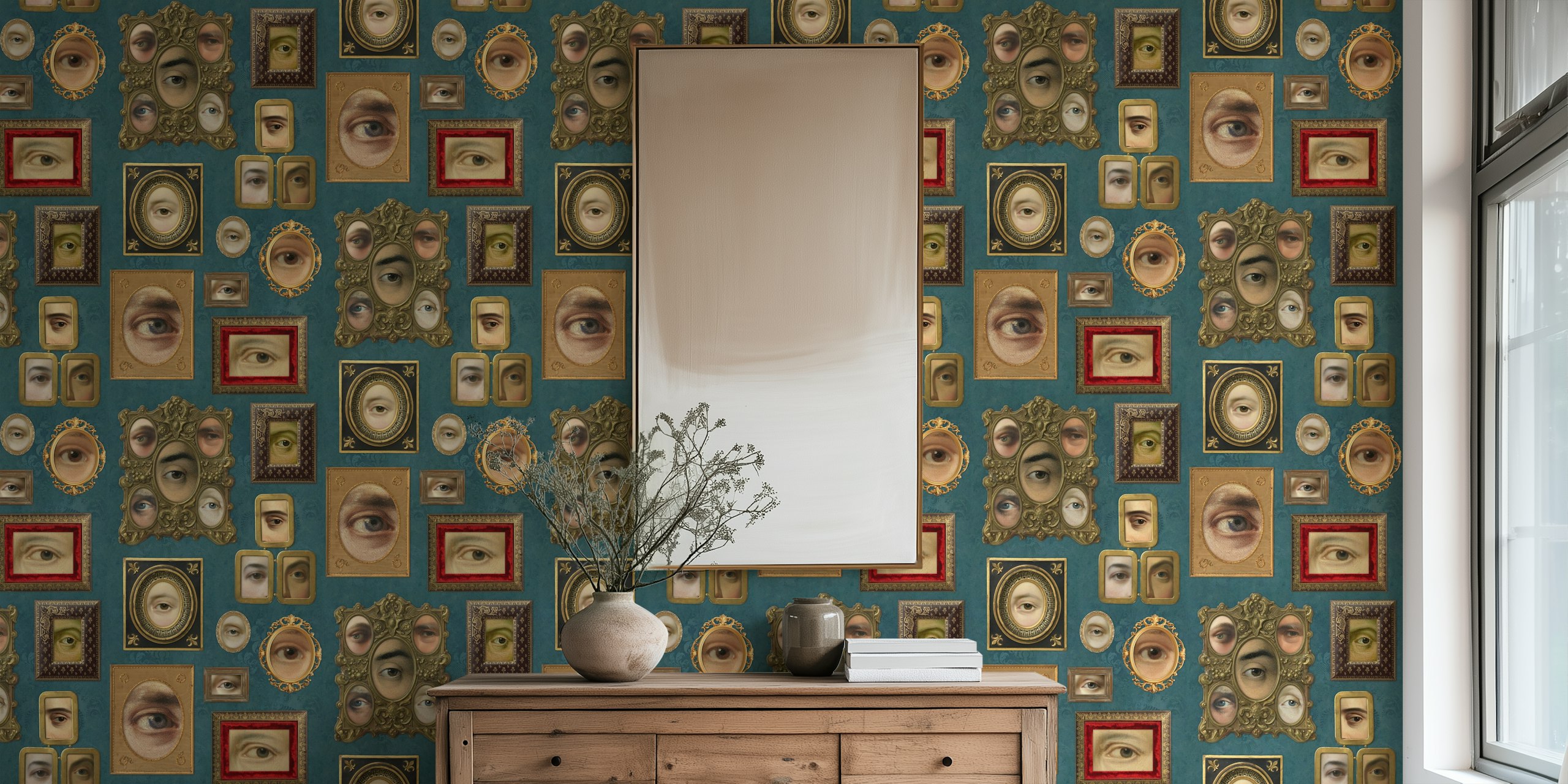 Teal blue wallpaper with Victorian portrait eyes