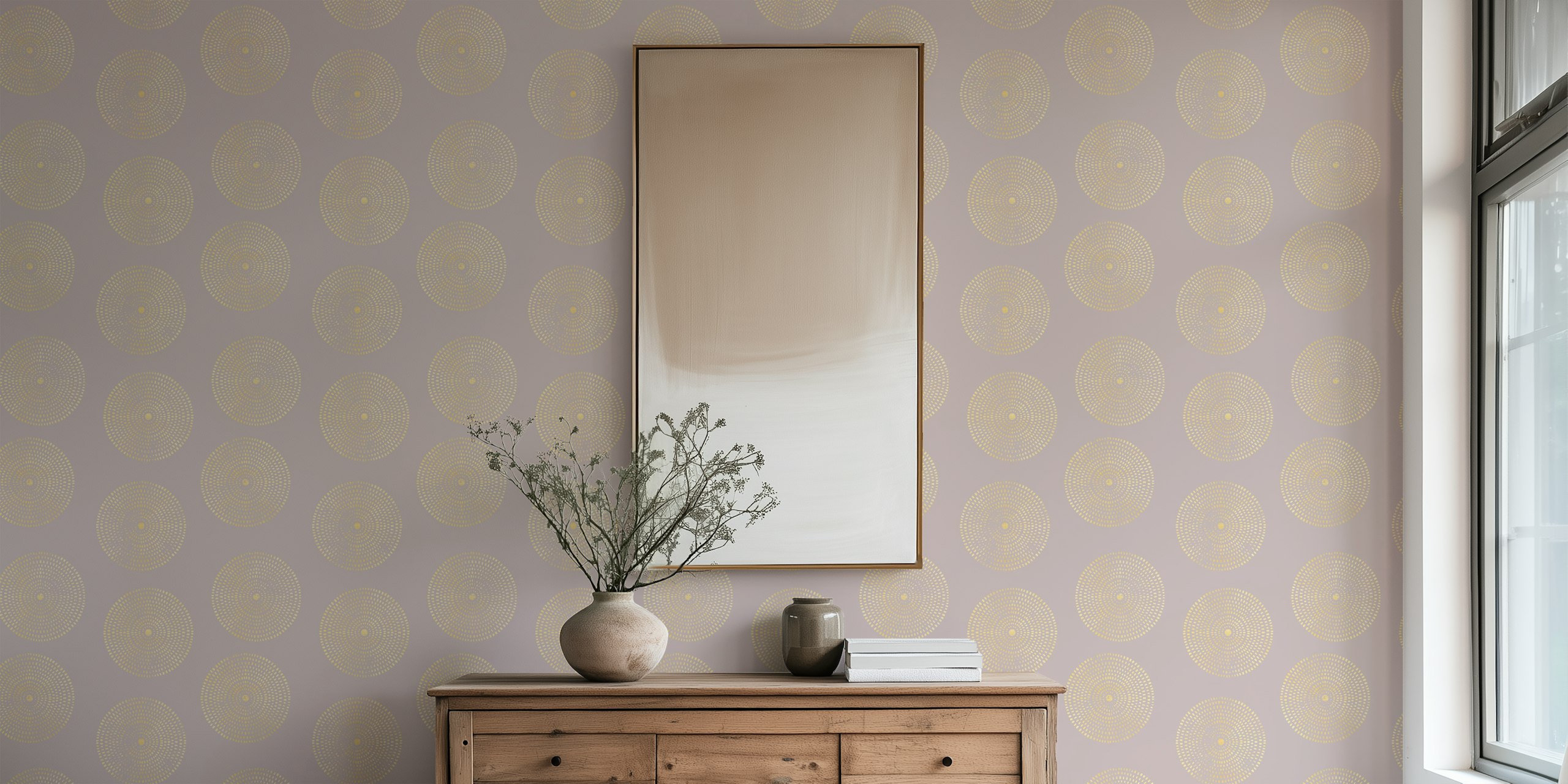 Gold circular patterns on a muted mauve background wallpaper