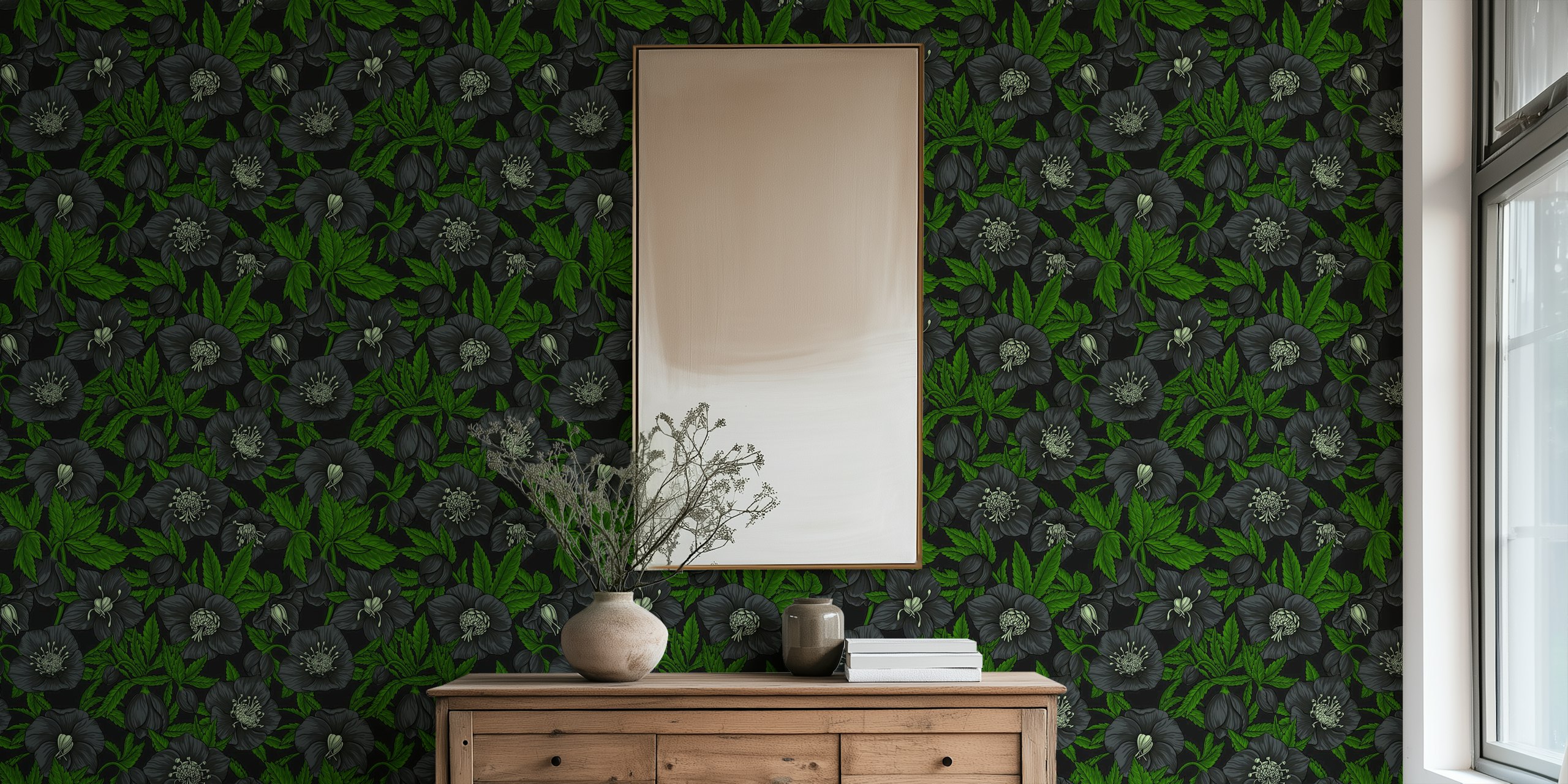 Black floral wallpaper with hellebores and green leaves in intricate design
